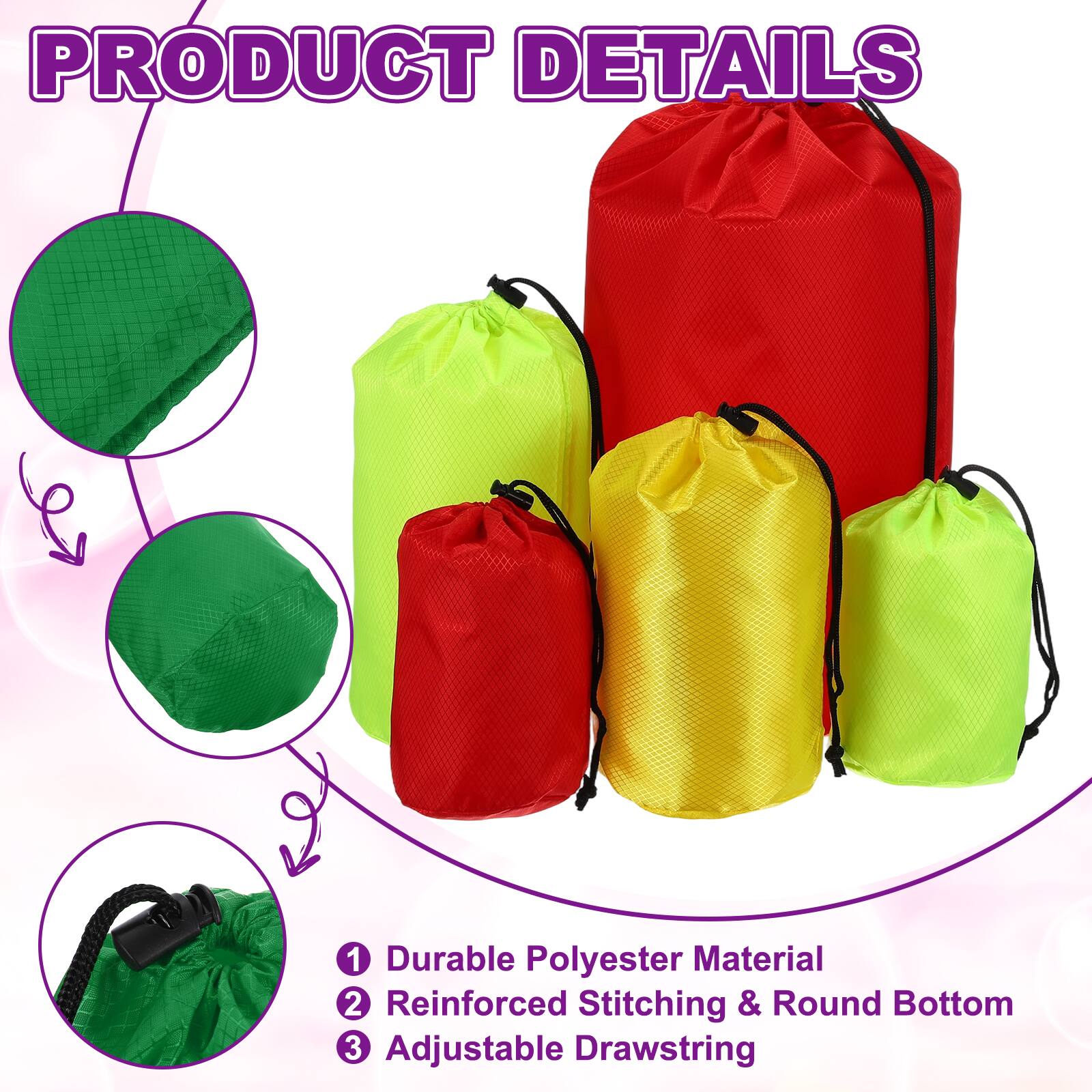 PRODUCT DETAILS

1. Durable Polyester Material
2. Reinforced Stitching & Round Bottom
3. Adjustable Drawstring