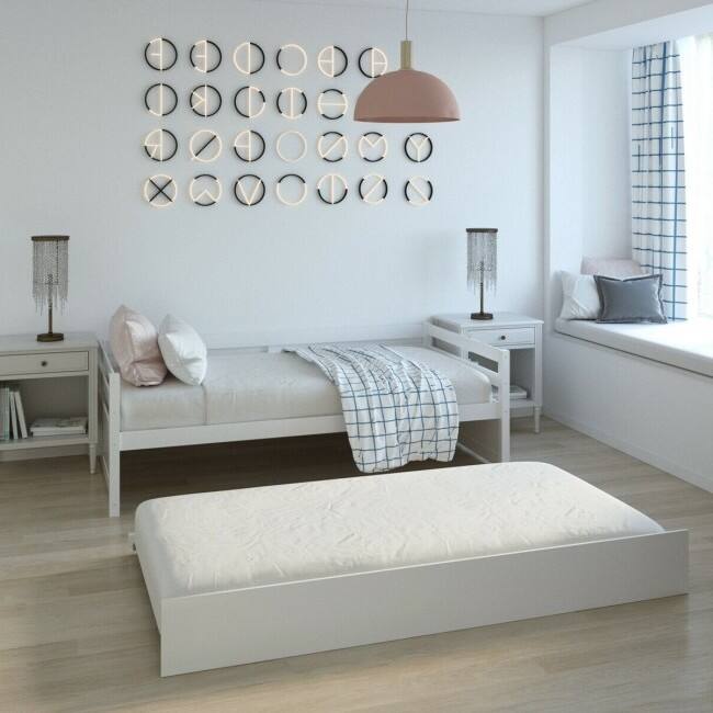 Left. Hivvago - Twin/Twin Dorm Style Trundle Daybed Platform Bed Frame in White - White.