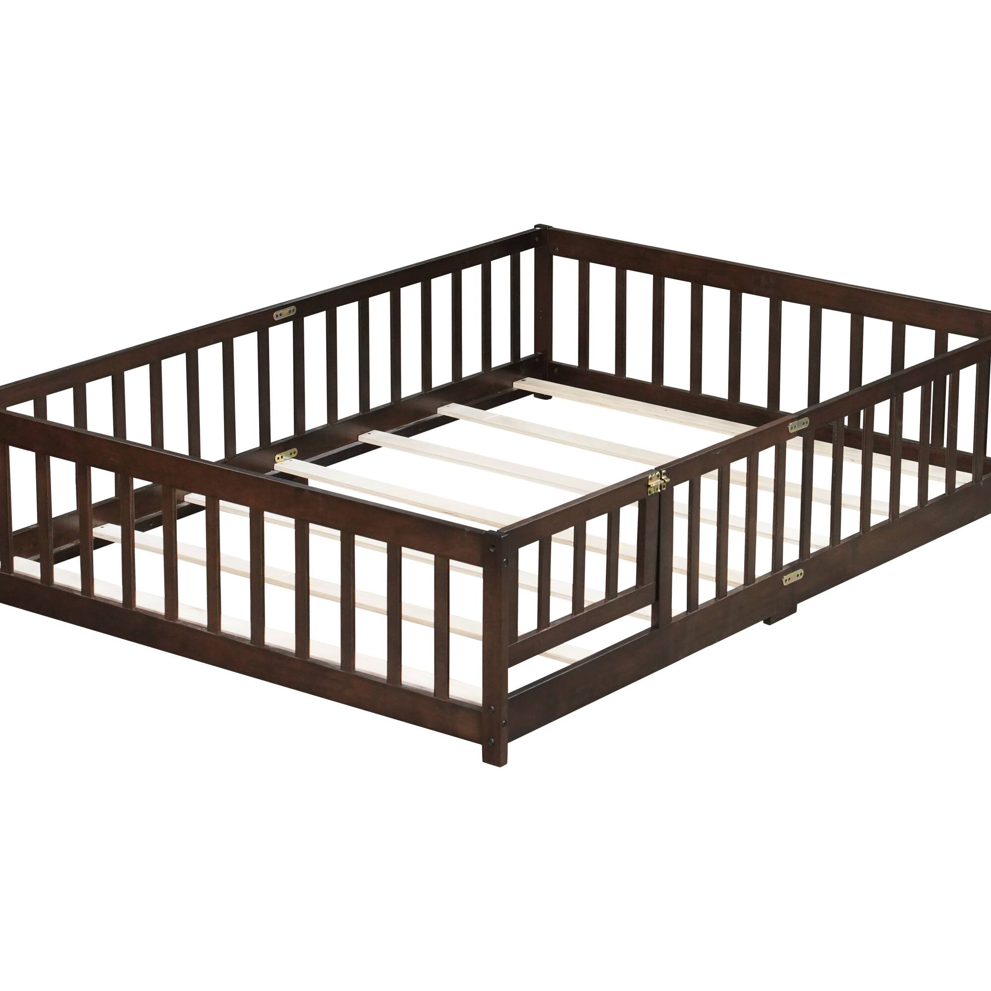 Alt View 9. GOODSILO - Full Size Floor Bed with Safety Fence and Revolving Door for Children, Sturdy Rubber Wood Construction - Espresso.