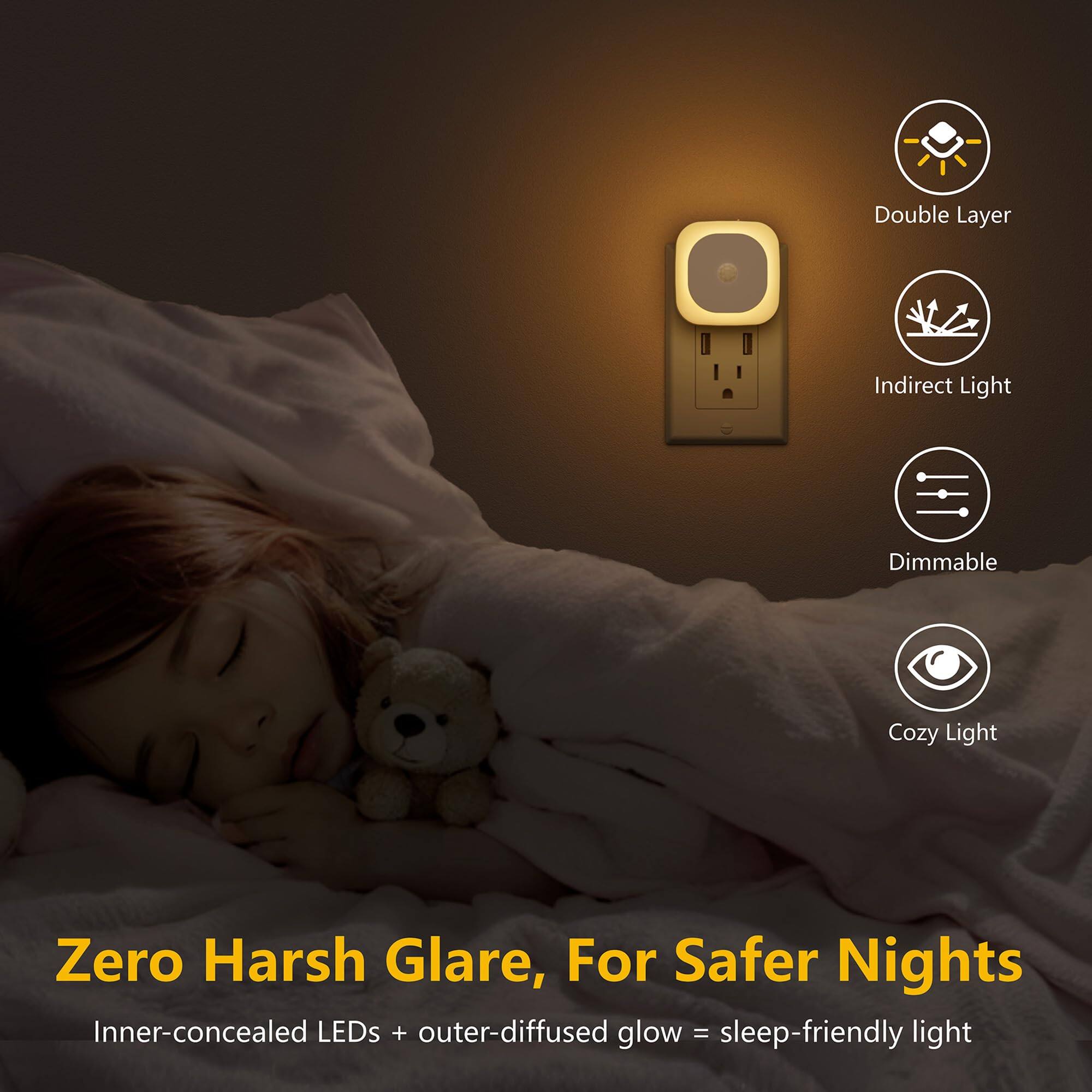 Double Layer Indirect Light Dimmable Cozy Light  
Zero Harsh Glare, For Safer Nights  
Inner-concealed LEDs + outer-diffused glow = sleep-friendly light