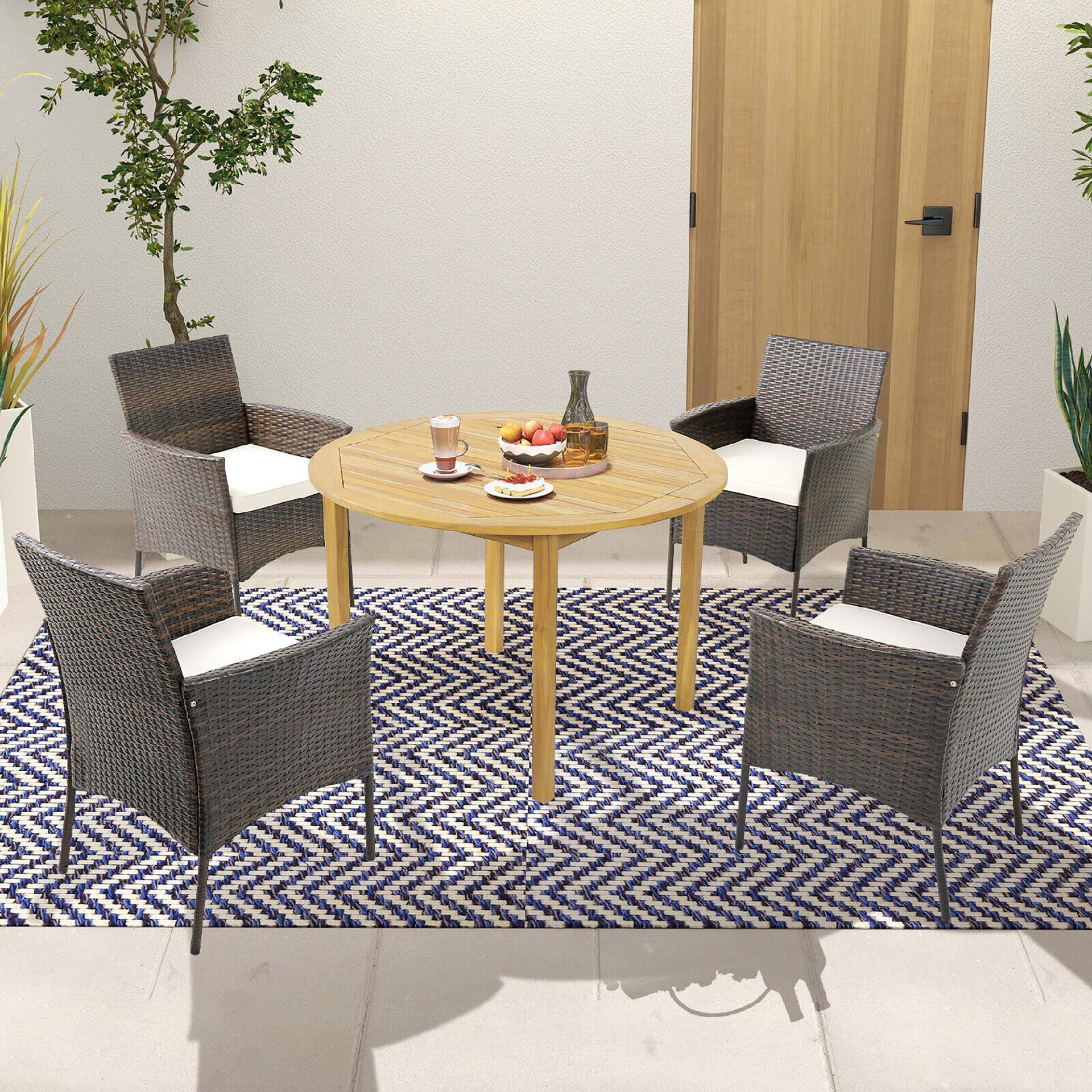 Alt View 1. Gymax - Gymax 5 PCS Patio Dining Set Round Acacia Wood Table 4 Cushioned Wicker Armchairs - Natural, Mix Brown, White.