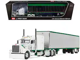 First Gear - Peterbilt 389 with 63" Mid-Roof Sleeper and 53' Utility Trailer White with Green Stripes 1/64 Model by DCP/First Gear