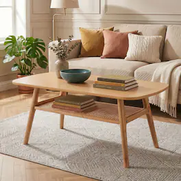 WELLFOR - 2-Tier Boho Rattan Coffee Table with Rounded Corners & Storage Shelf, Center Table Cocktail Tea Table for Living Room - Natural