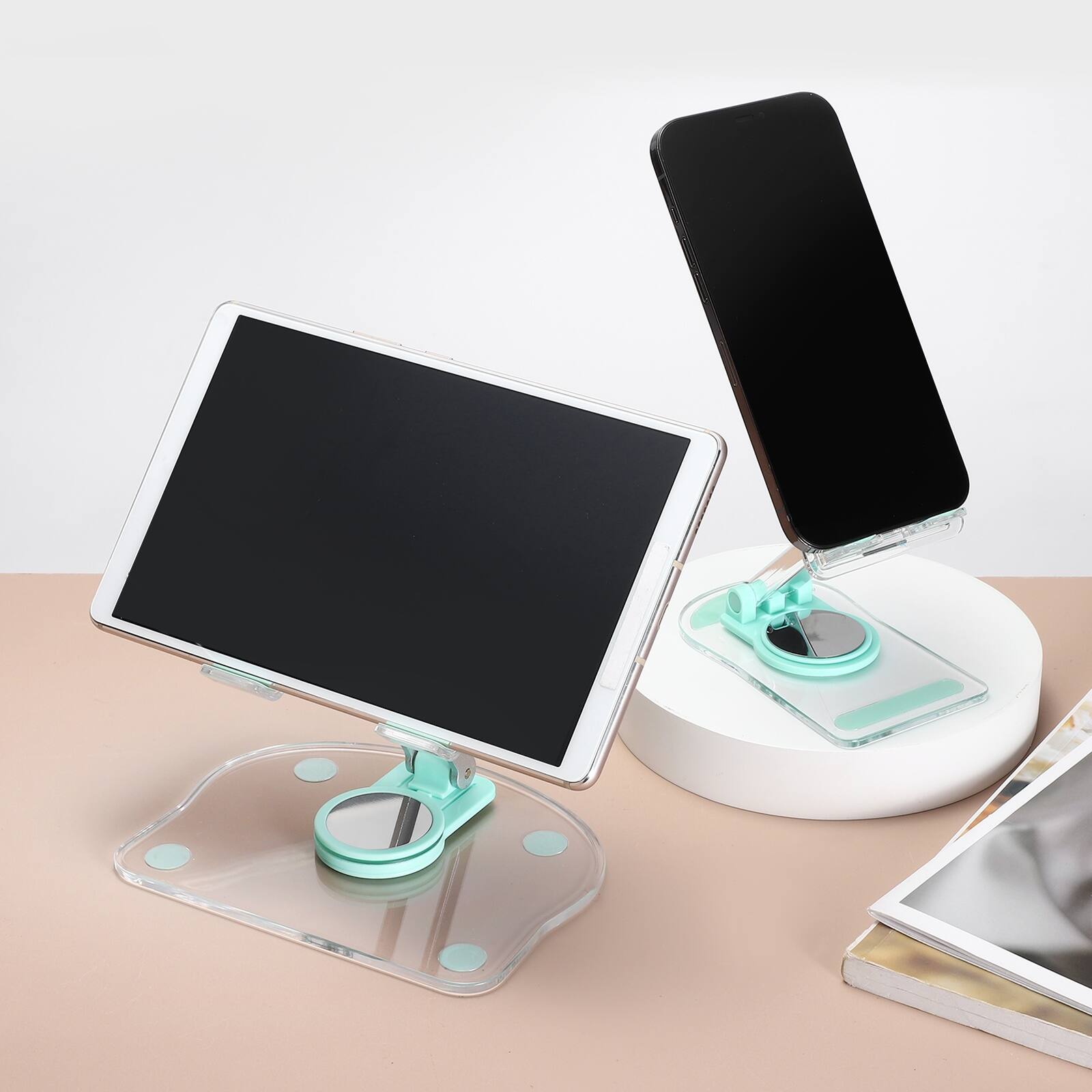 Alt View 5. Unique Bargains - Acrylic Tablet & Phone Holder, Adjustable Foldable Clear with 360 Degree Rotating Base for Desk Home Office - Green.