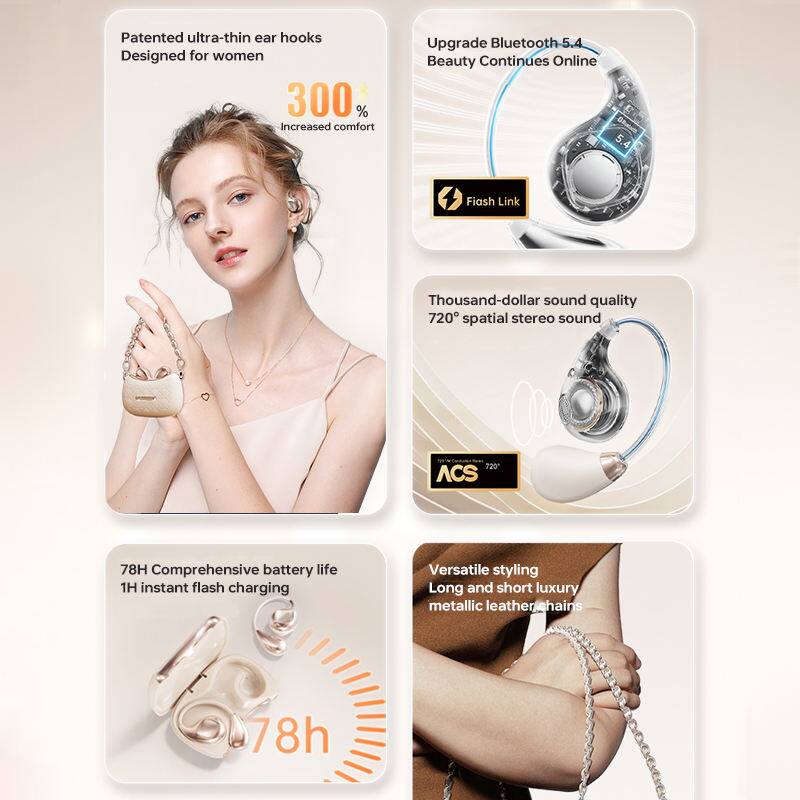 Patented ultra-thin ear hooks  
Designed for women  

300% Increased comfort  

Upgrade Bluetooth 5.4  
Beauty Continues Online  

Fiash Link  

Thousand-dollar sound quality  
720° spatial stereo sound  

78H Comprehensive battery life  
1H instant flash charging  

Versatile styling  
Long and short luxury metallic leather chains