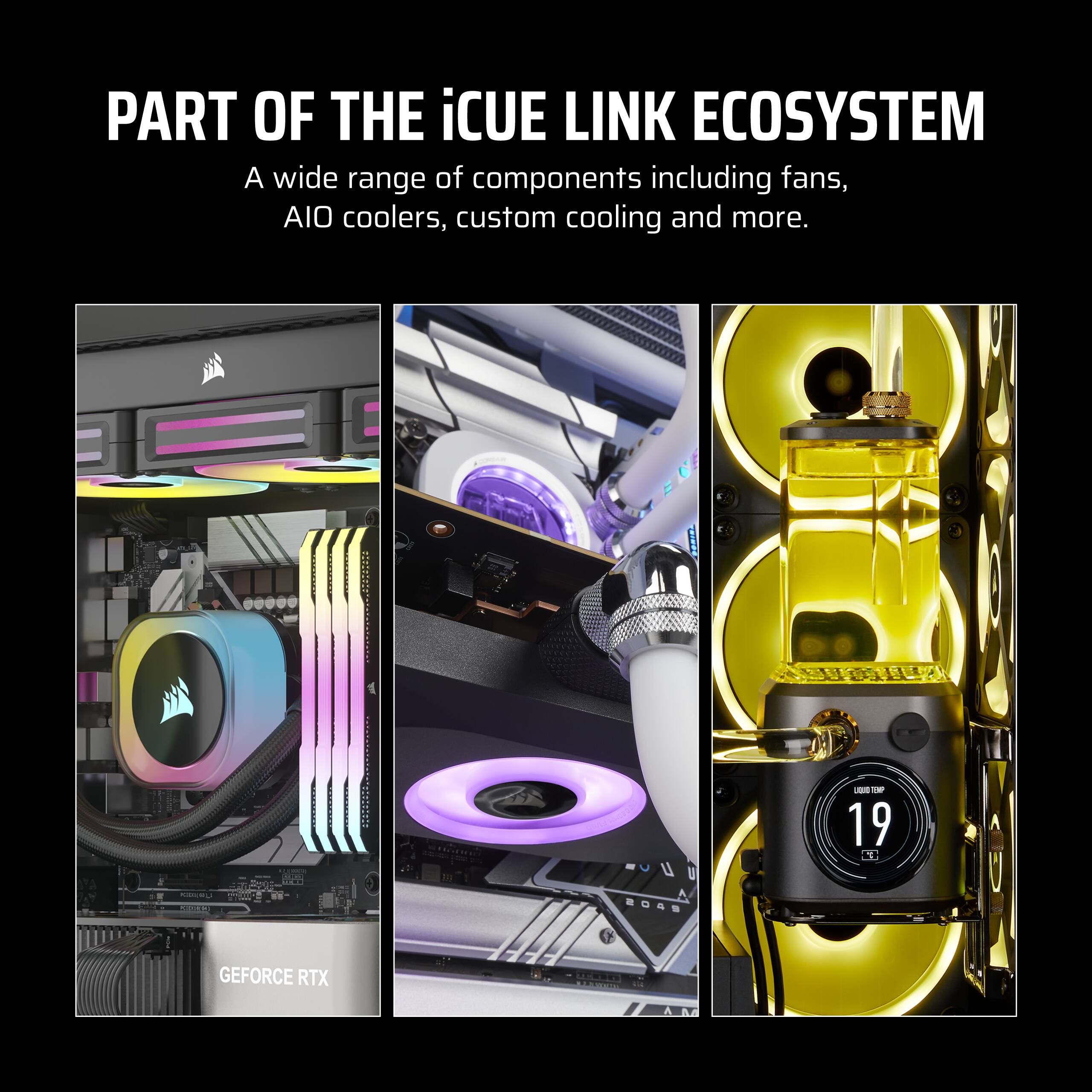 The image features a close-up of a computer with a part of the iCUE Link Ecosystem. The ecosystem includes a wide range of components such as fans, AIO coolers, custom cooling, and more. The image also showcases a GeForce RTX, which is a powerful graphics card designed for gaming and other demanding tasks. The close-up of the computer highlights the intricate details and features of the components, emphasizing the importance of a well-built and efficient system for optimal performance.