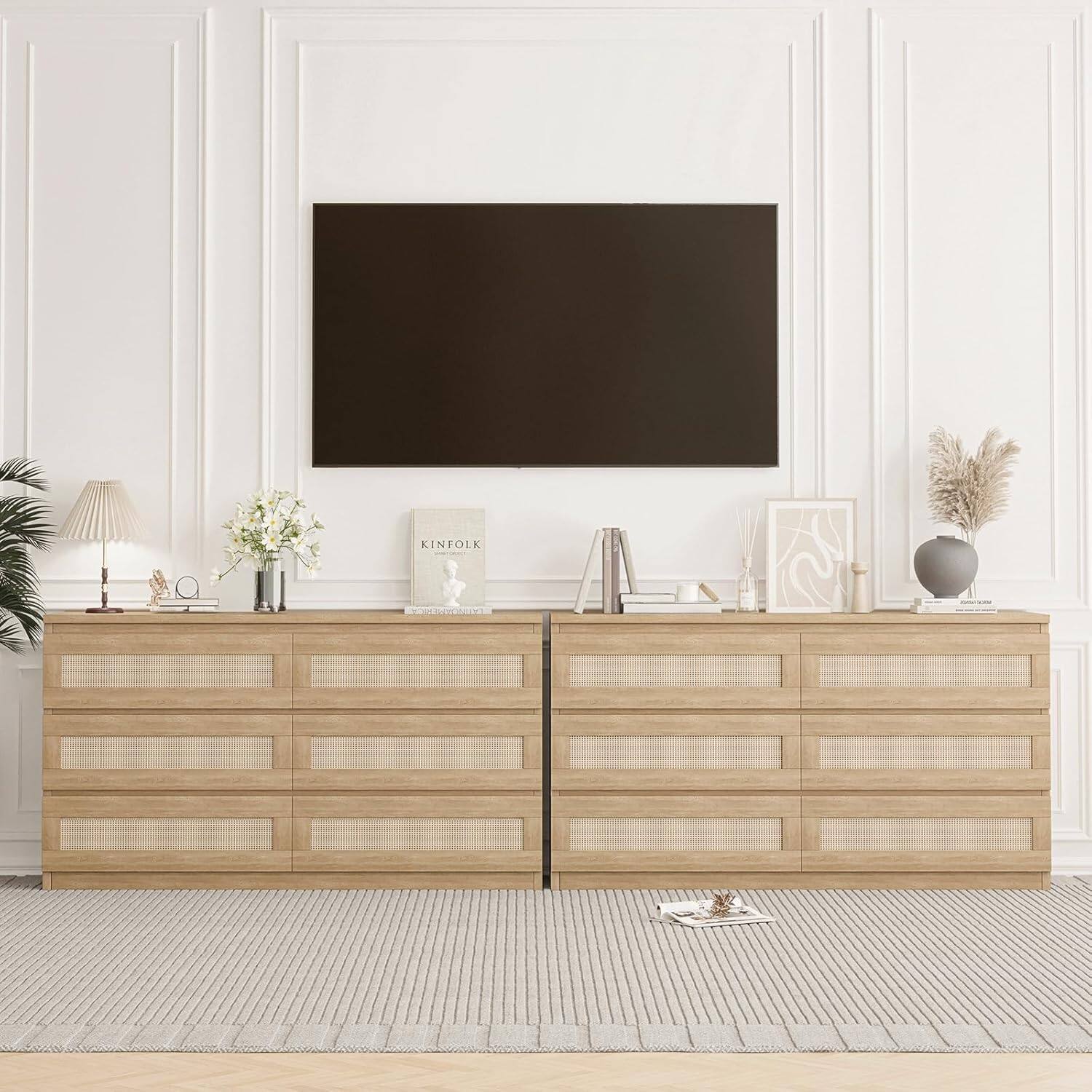 Alt View 1. GARVEE - Rattan Dresser, 6 Drawers, Boho Wood Chest, Wide Storage Organizer, Bedroom, Living Room, Entryway, Oak - Oak.