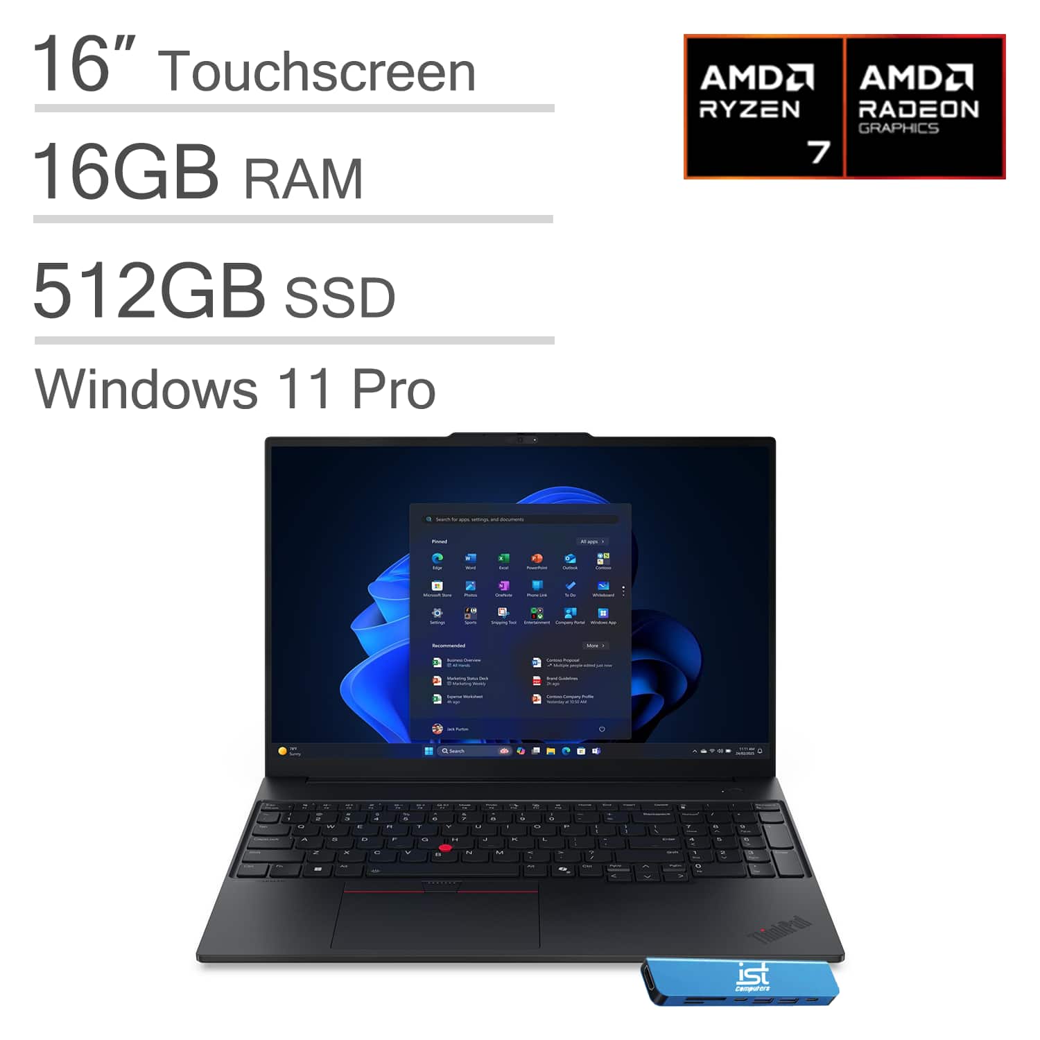 Lenovo - ThinkPad E16 Gen 3 16" FHD+ AI PC Touchscreen Laptop - AMD Ryzen 7 250 with 16GB Memory - 512GB SSD - Windows 11 Pro - Jet black