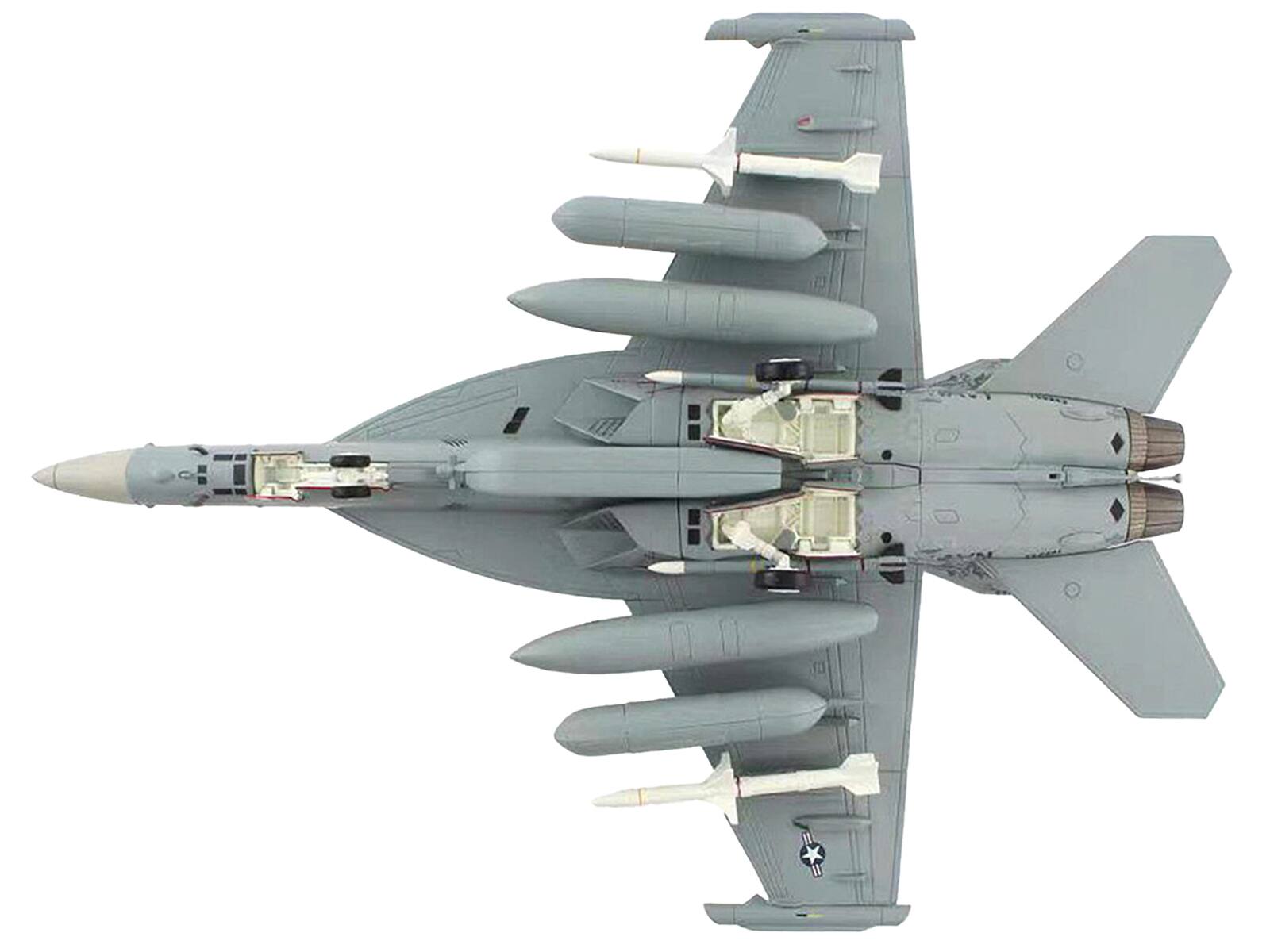 Back. Hobby Master - Boeing EA-18G Growler "VAQ-142 Gray Wolves USS Gerald R. Ford 2023" US Navy 1/72 Air Power Series Diecast Model - Grey.