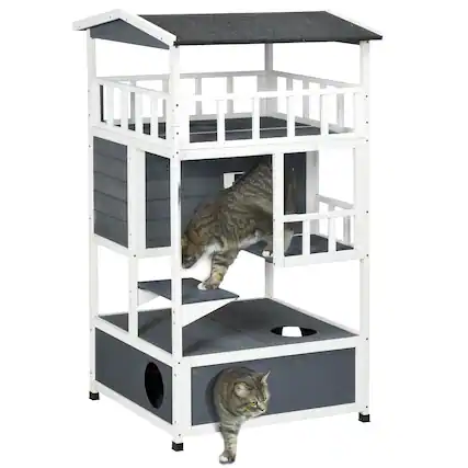 Front. Pawhut - Wooden Outdoor Cat House, Feral Cat Shelter Kitten Condo with Asphalt Roof, Escape Doors, Condo, Jumping Platform.