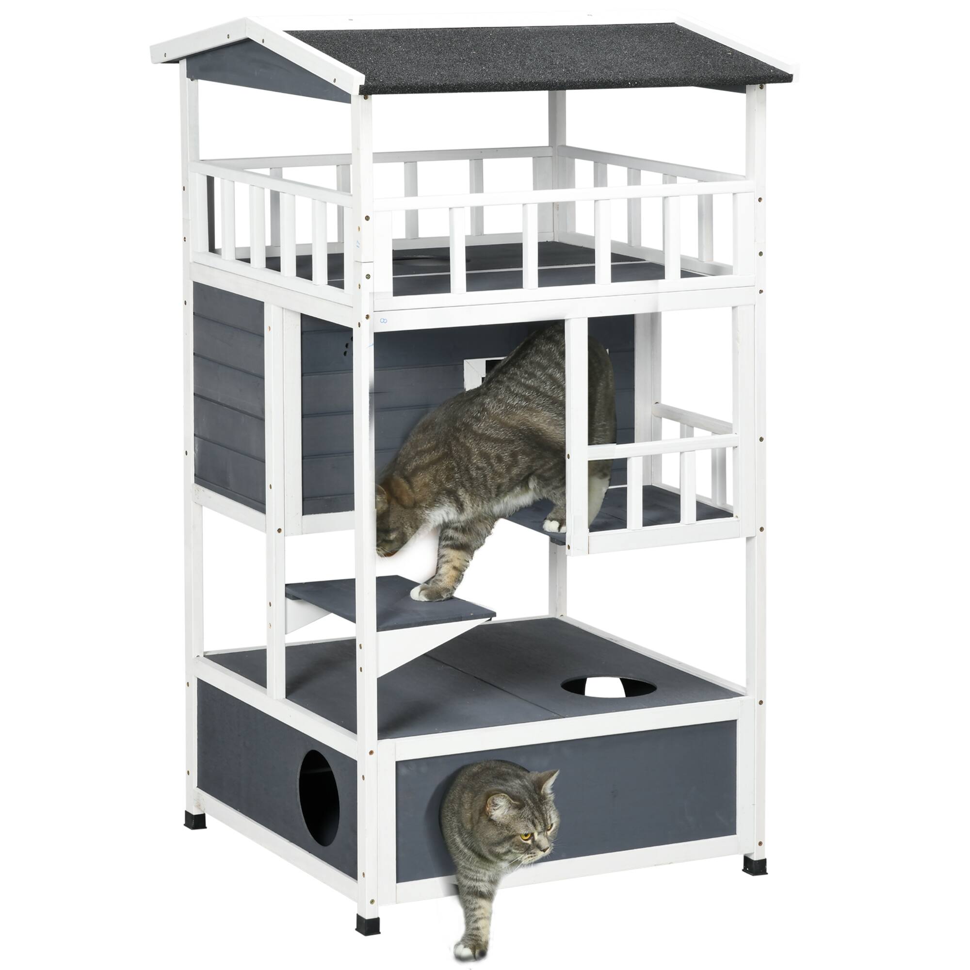 Front. Pawhut - Wooden Outdoor Cat House, Feral Cat Shelter Kitten Condo with Asphalt Roof, Escape Doors, Condo, Jumping Platform.