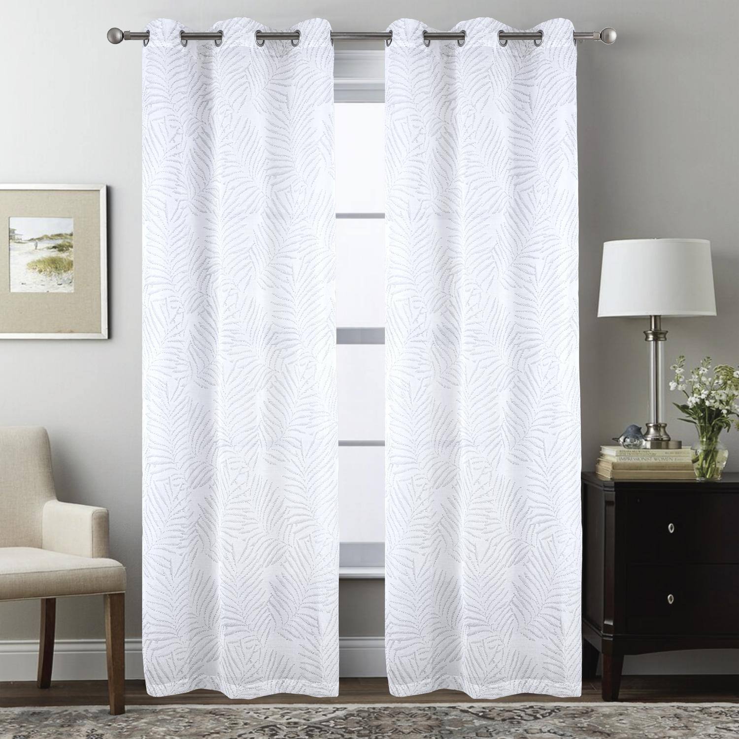 Angle. RT Designers Collection - RT Designers Collection Faye Grommet Metallic Sheer Printed Doily Curtain Panel 54" x 84" Silver - Silver.