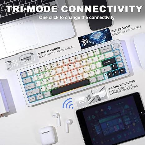 TRI-MODE CONNECTIVITY

One click to change the connectivity

BLUETOOTH SWITCHABLE

3 DEVICES

WIRED CABLE TYPE-C

WIRED WITH 1 COMBO WIRED CABLE

WIRELESS 2.4GHZ CONNECTION

FAST SETTING

ANY WITHOUT