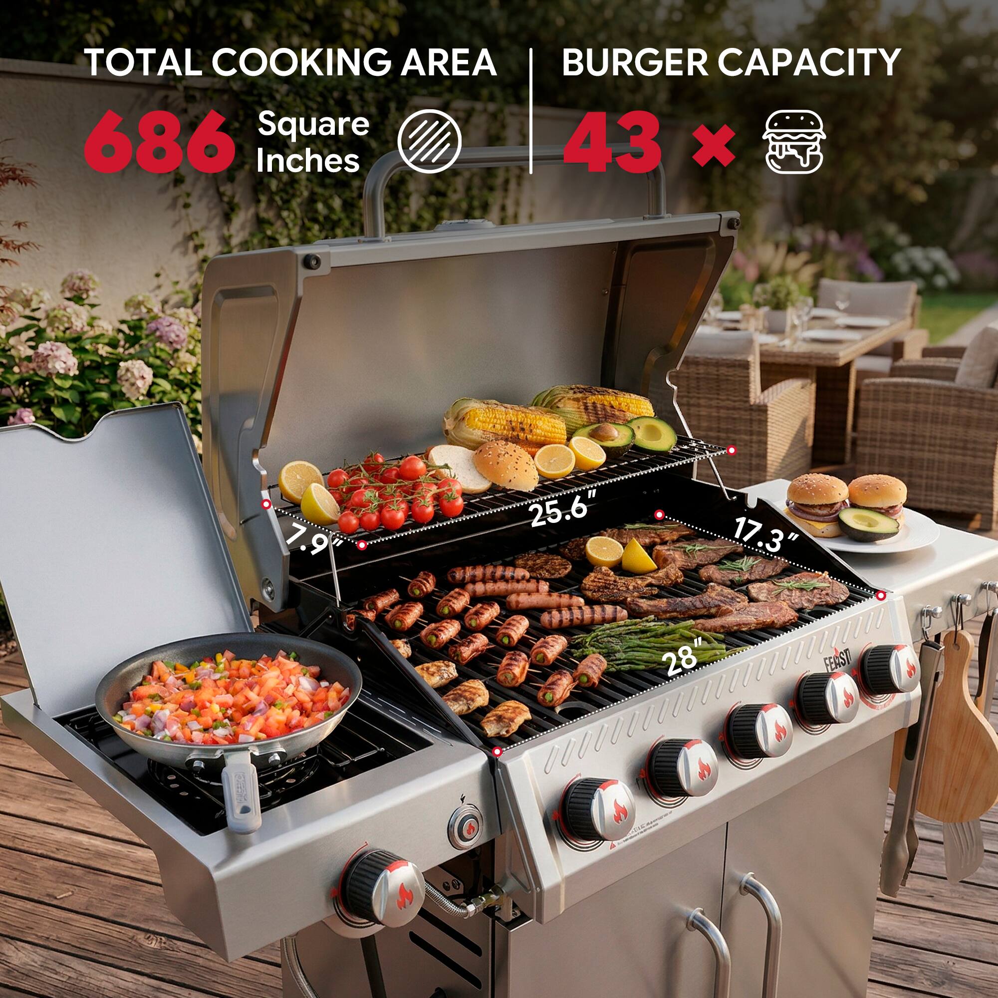 TOTAL COOKING AREA  
686 Square Inches  

BURGER CAPACITY  
43 x 28"