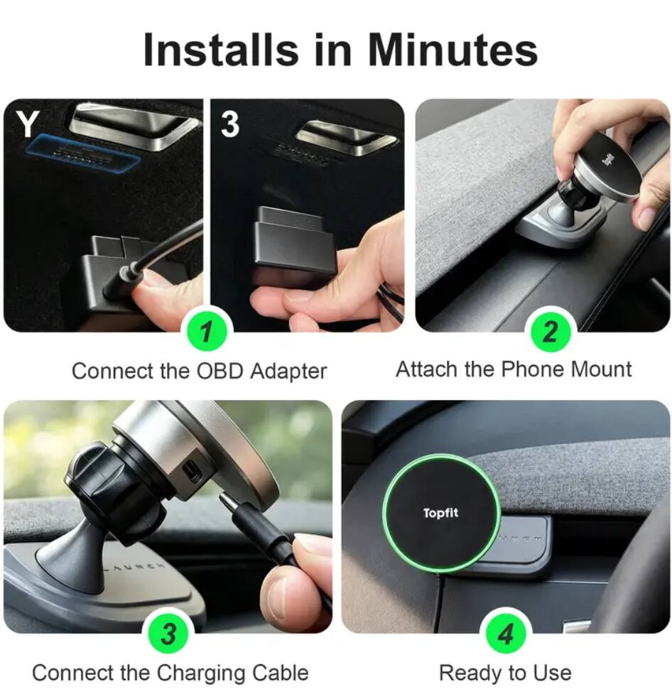 Installs in Minutes

1. Connect the OBD Adapter
2. Attach the Phone Mount
3. Connect the Charging Cable
4. Ready to Use