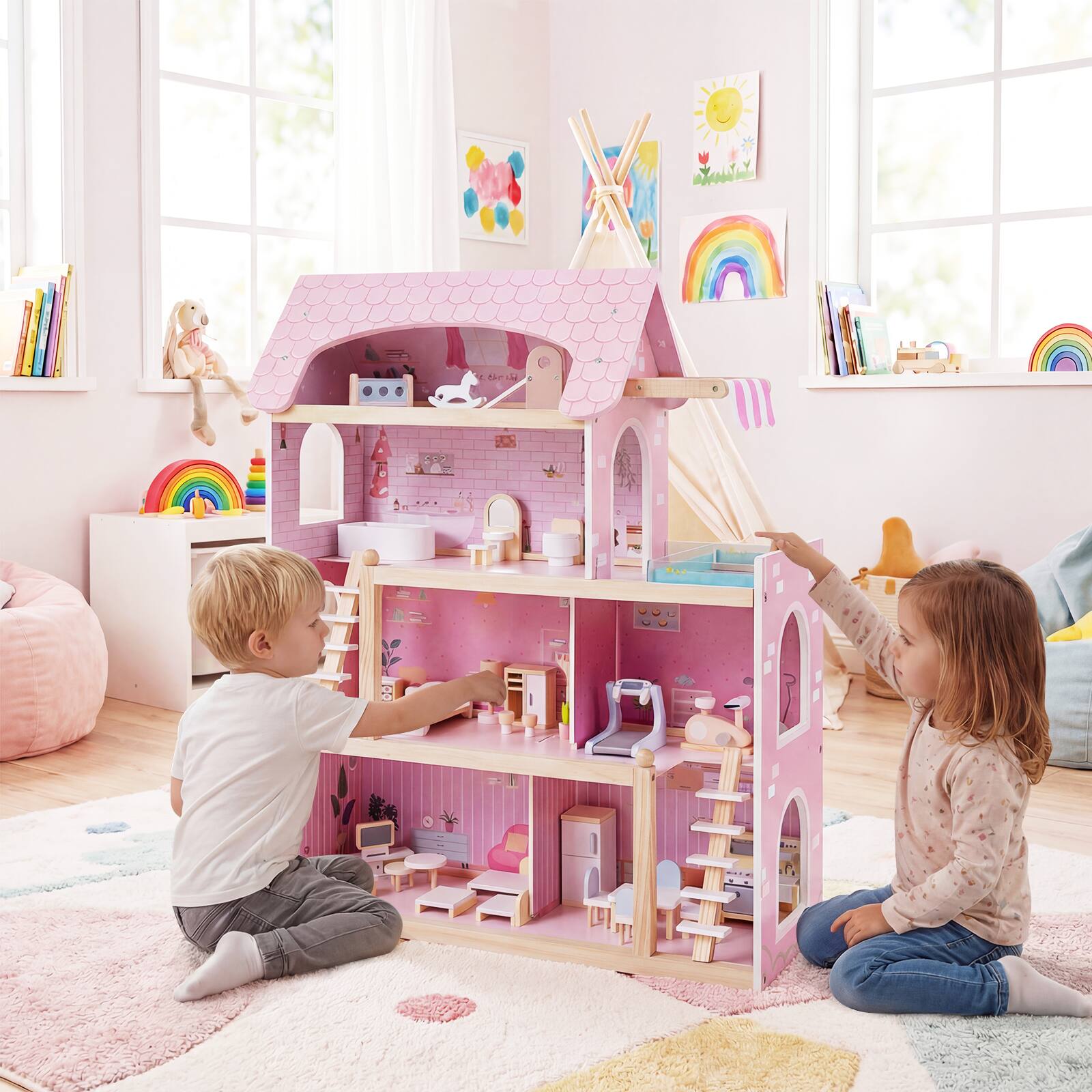 Alt View 1. Costway - Costway Kids Wooden Dollhouse 4-Story Modern Doll House with 33Pcs Furniture Accessories - Pink.