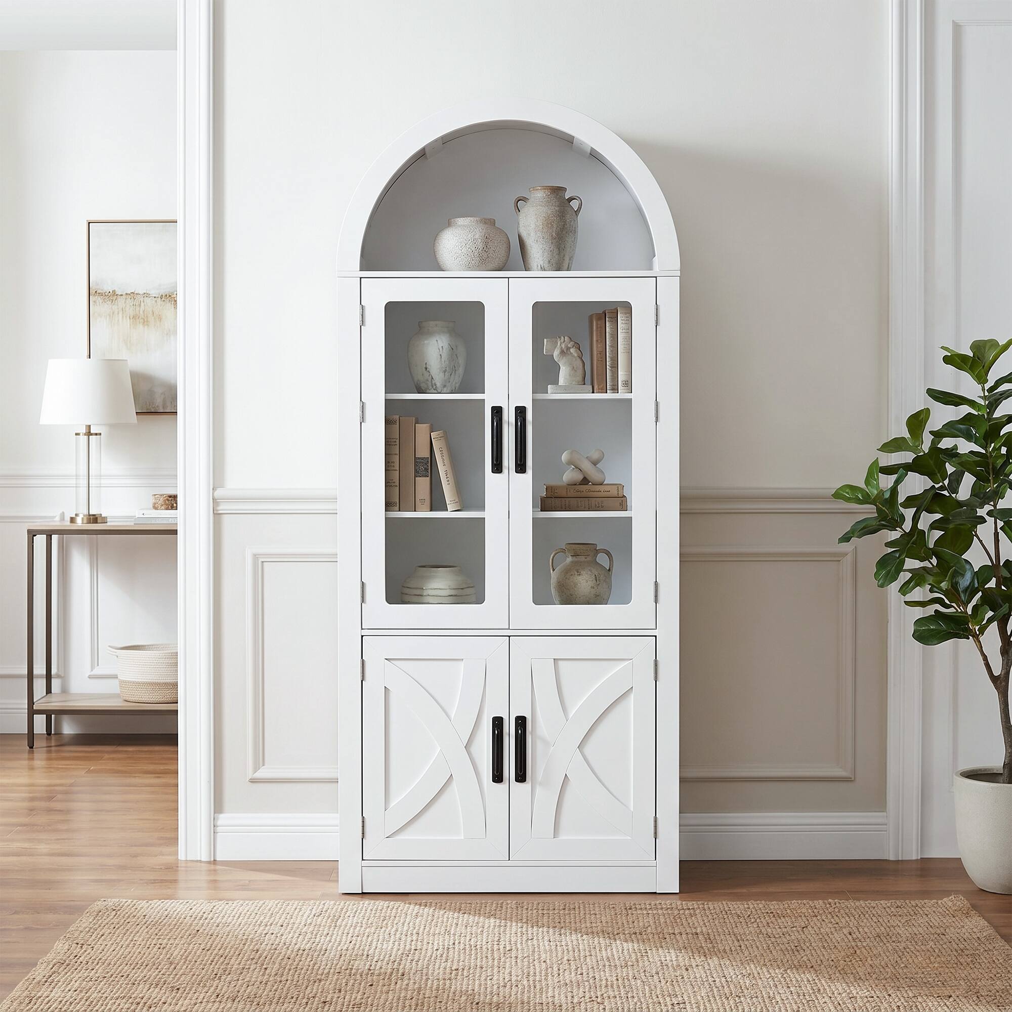 Left. Ihomeadore - 69.7 Inch Modern Wood Arched Display Cabinet with 4 Doors and 3 Adjustable Shelves - White.