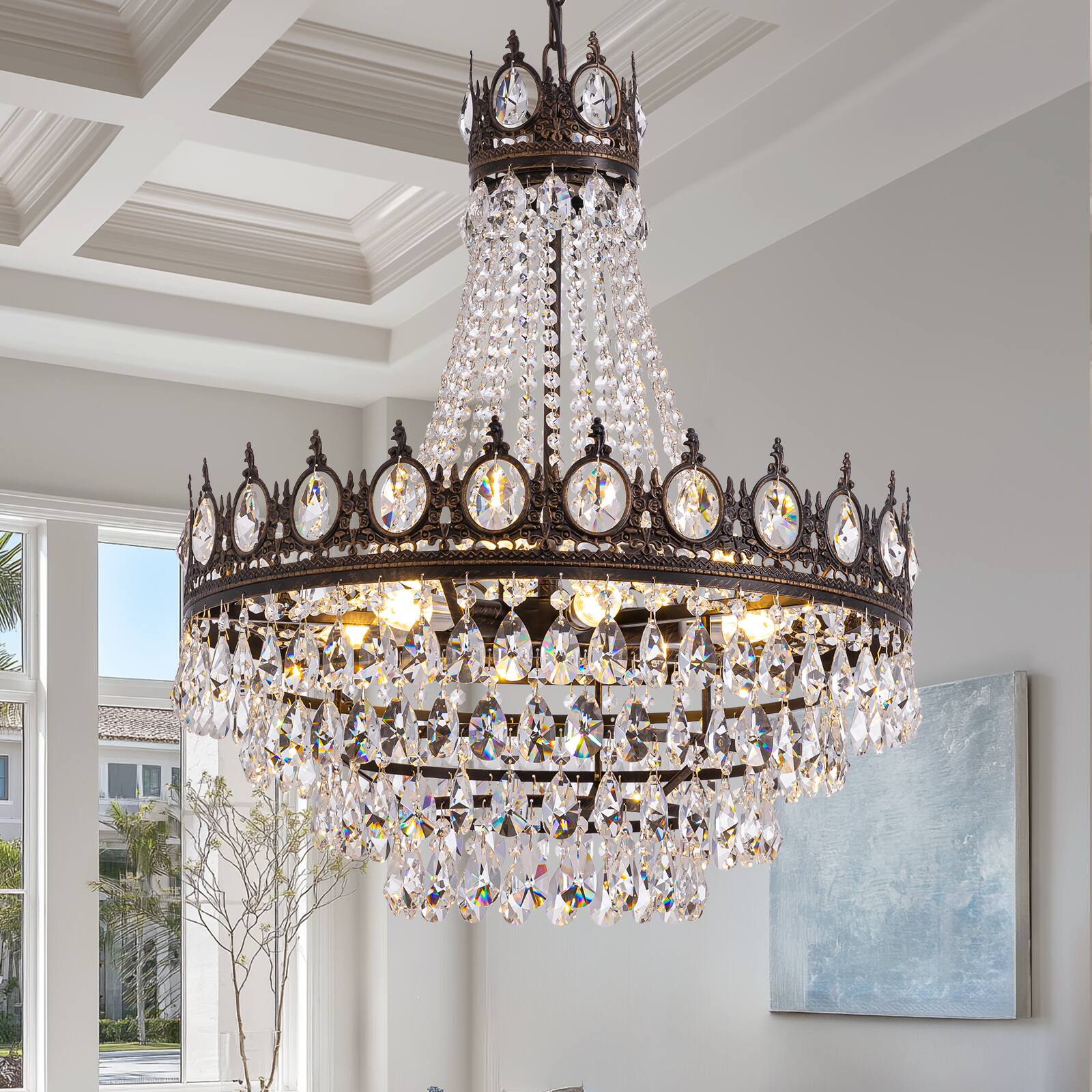 Angle. Siljoy - 23.6" Vintage 9-Light Crystal Chandelier, Black Gold Adjustable Chain E12 Pendant Light for Living Room Dining Foyer - Antique Black Gold.