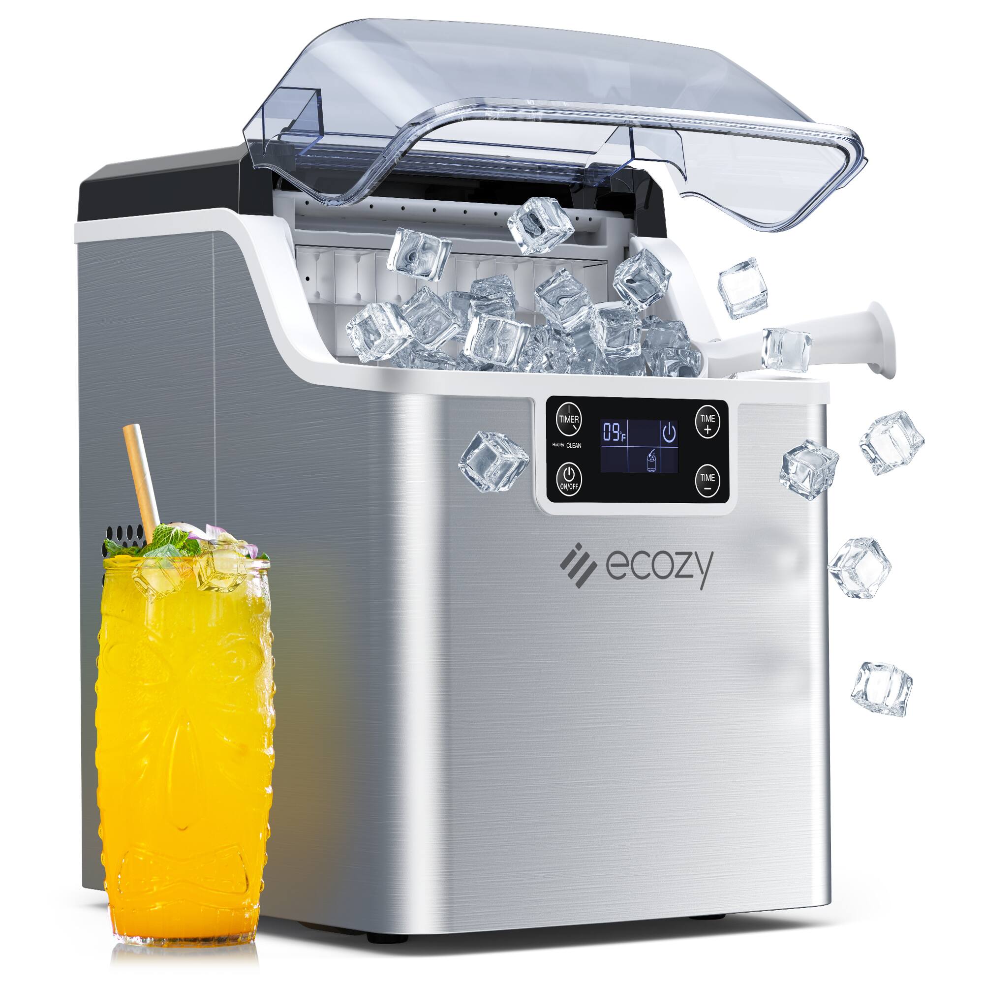 Ecozy - 45lb. Countertop Ice Maker with Auto Self-Cleaning, 45lbs Per Day, 24 Cubes Ready in 13 Mins - Stainless Steel