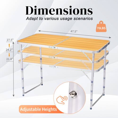 Dimensions  
Adapt to various usage scenarios  

47.5"  
27.5"  
24.2"  
21.8"  

70LBS  

Adjustable Heights