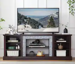 Spaco - 70.12" TV Stand for 75" TV with Faux Stacked Stone, Large Storage Cabinet, Modern Media Console for Living Room - Cherry