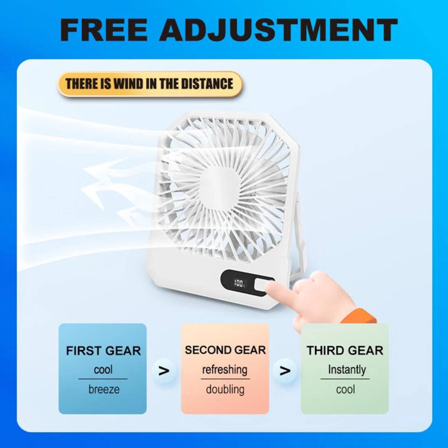 FREE ADJUSTMENT

THERE IS WIND IN THE DISTANCE

FIRST GEAR
cool breeze

SECOND GEAR
refreshing doubling

THIRD GEAR
Instantly cool