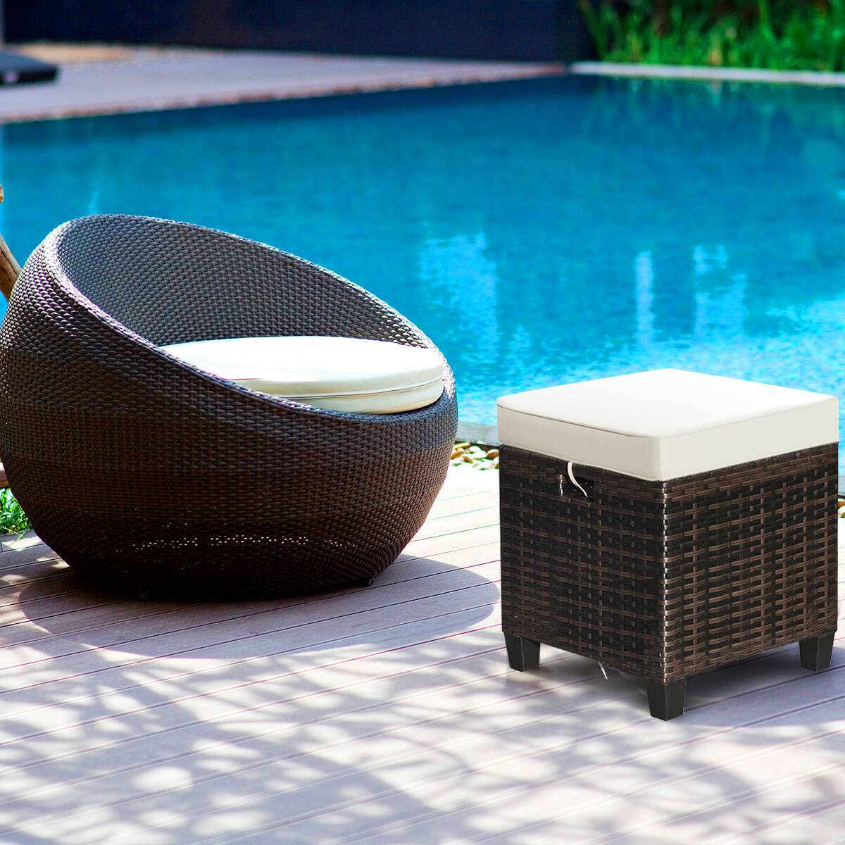 Alt View 1. Costway - 2PCS Patio Rattan Ottoman Cushioned Seat Foot Rest Coffee Table - Brown.