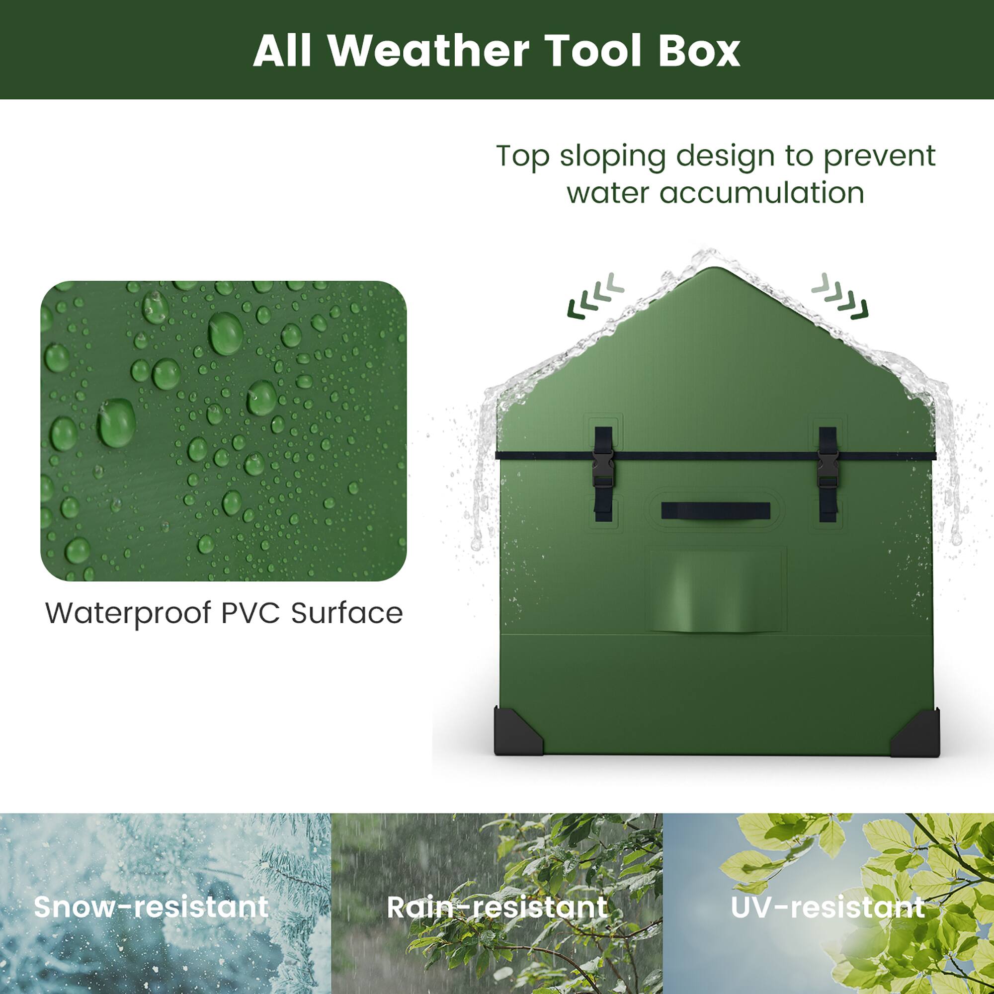 All Weather Tool Box

- Top sloping design to prevent water accumulation
- Waterproof PVC Surface
- Snow-resistant
- Rain-resistant
- UV-resistant