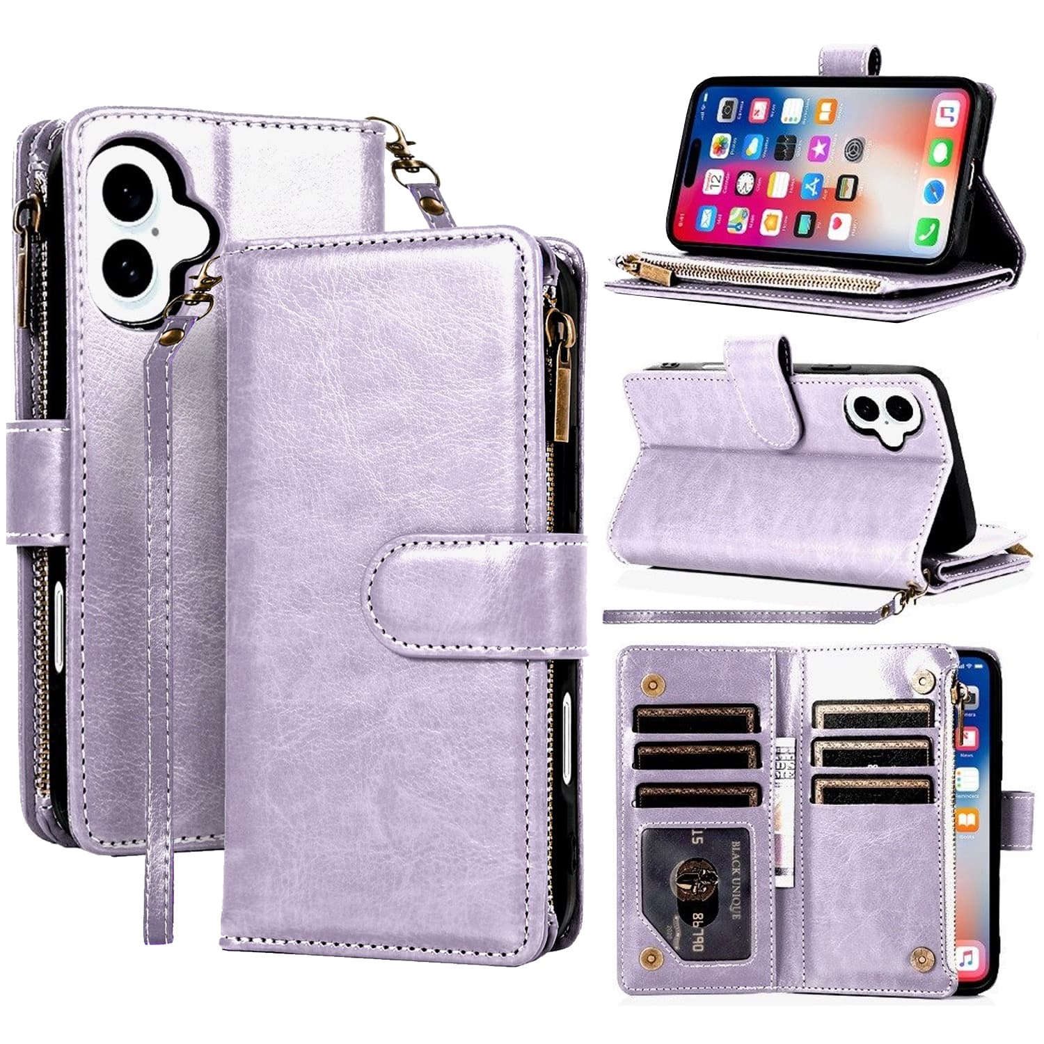 Equipd - Phone Case for iPhone 16 6.1", Luxury Wallet Card ID Zipper Money Holder Cover - Lavender