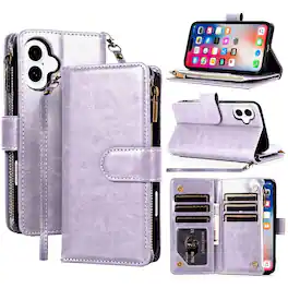 Equipd - Phone Case for iPhone 16 6.1", Luxury Wallet Card ID Zipper Money Holder Cover - Lavender