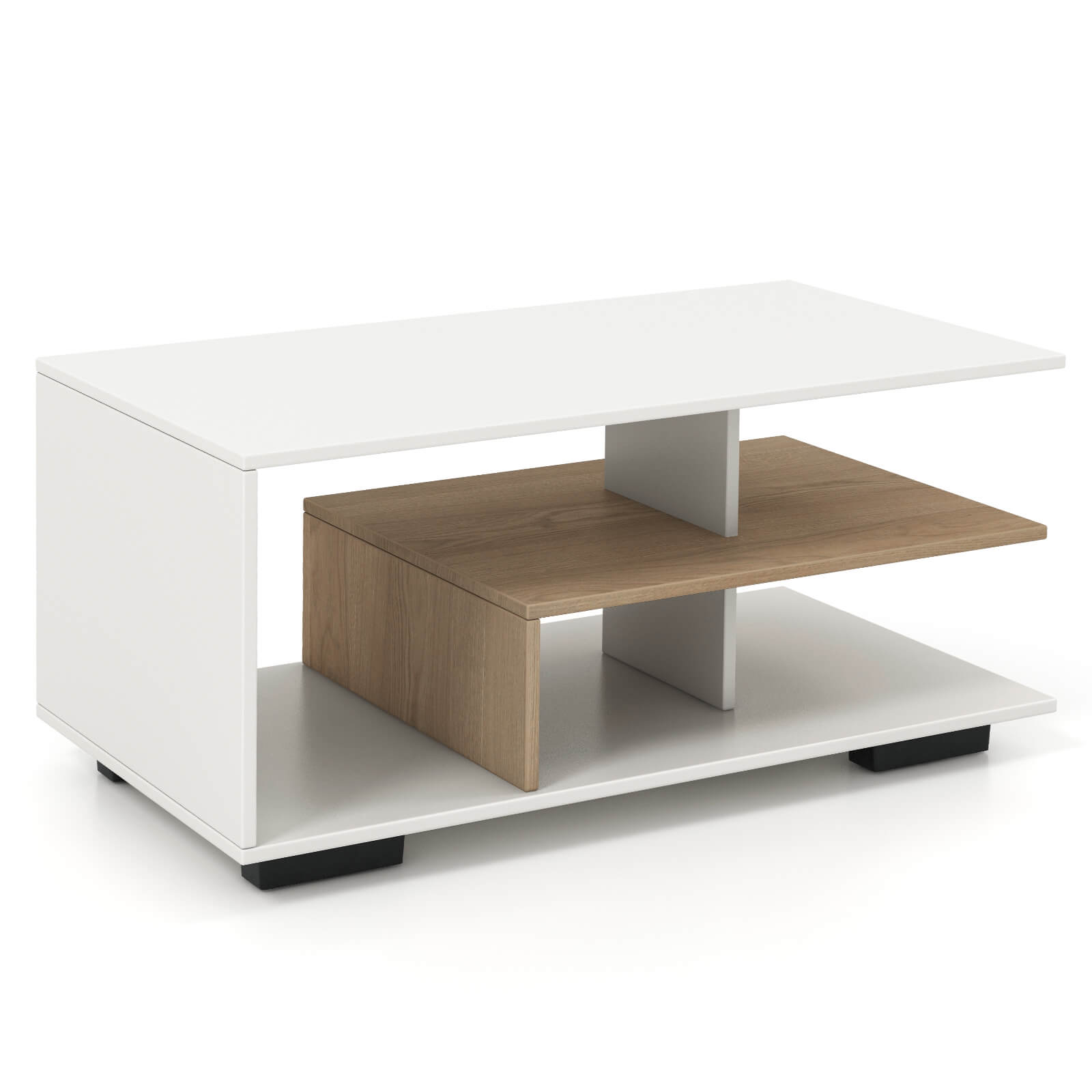 Alt View 9. Costway - Costway Geometric Coffee Table with Storage Shelves 3-Tier Rectangular Tea Table - Natural + White.