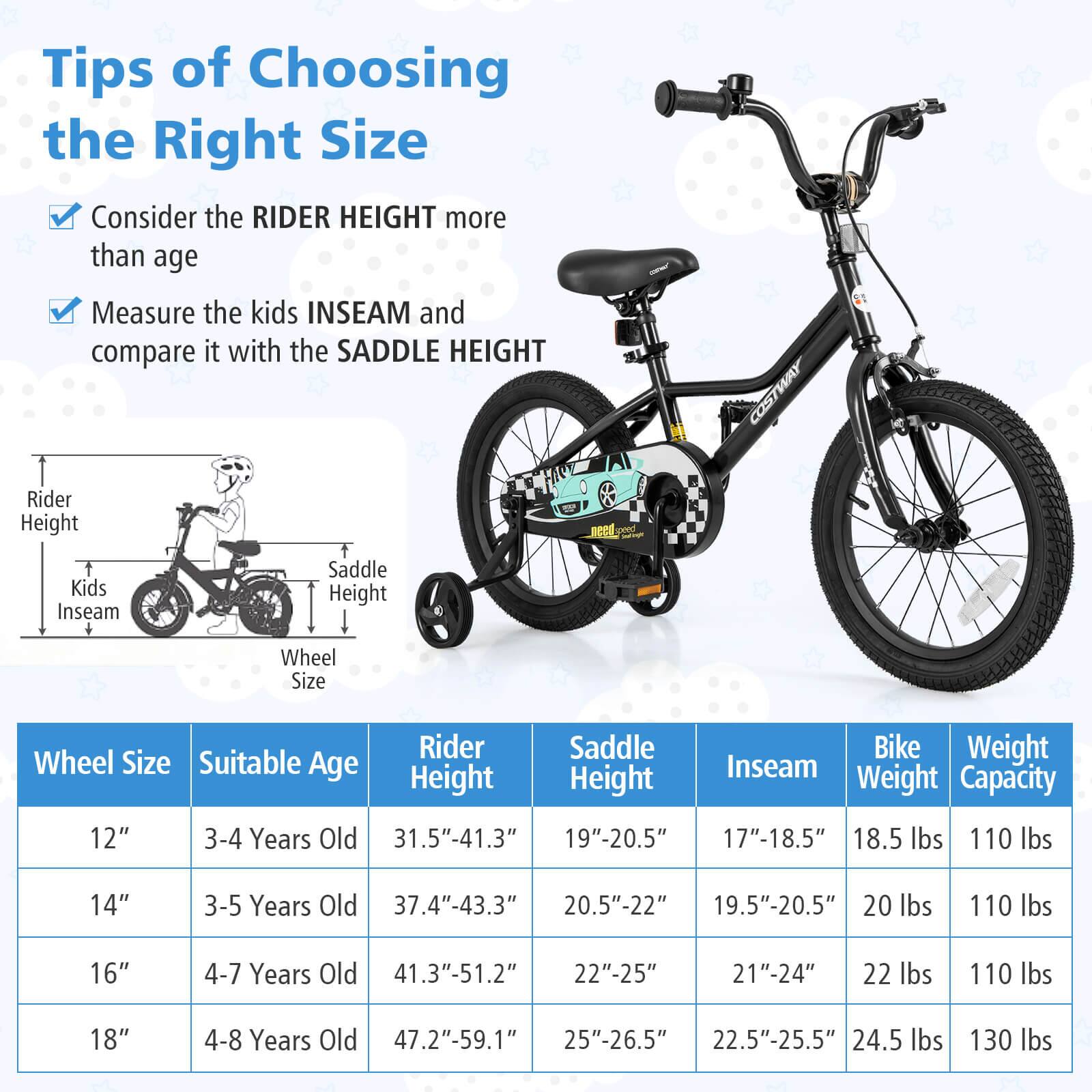 Tips of Choosing the Right Size

- Consider the RIDER HEIGHT more than age
- Measure the kids INSEAM and compare it with the SADDLE HEIGHT

| Wheel Size | Suitable Age | Rider Height | Saddle Height | Inseam | Bike Weight | Weight Capacity |
|------------|-------------|-------------|--------------|--------|-------------|----------------|
| 12"        | 3-4 Years Old | 31.5"-41.3"  | 19"-20.5"     | 17"-18.5" | 18.5 lbs    | 110 lbs        |
| 14"        | 3-5 Years Old | 37.4"-43.3"  | 20.5"-22"     | 19.5"-20.5" | 20 lbs    | 110 lbs        |
| 16"        | 4-7 Years Old | 41.3"-51.2"  | 22"-25"       | 21"-24"   | 22 lbs    | 110 lbs       