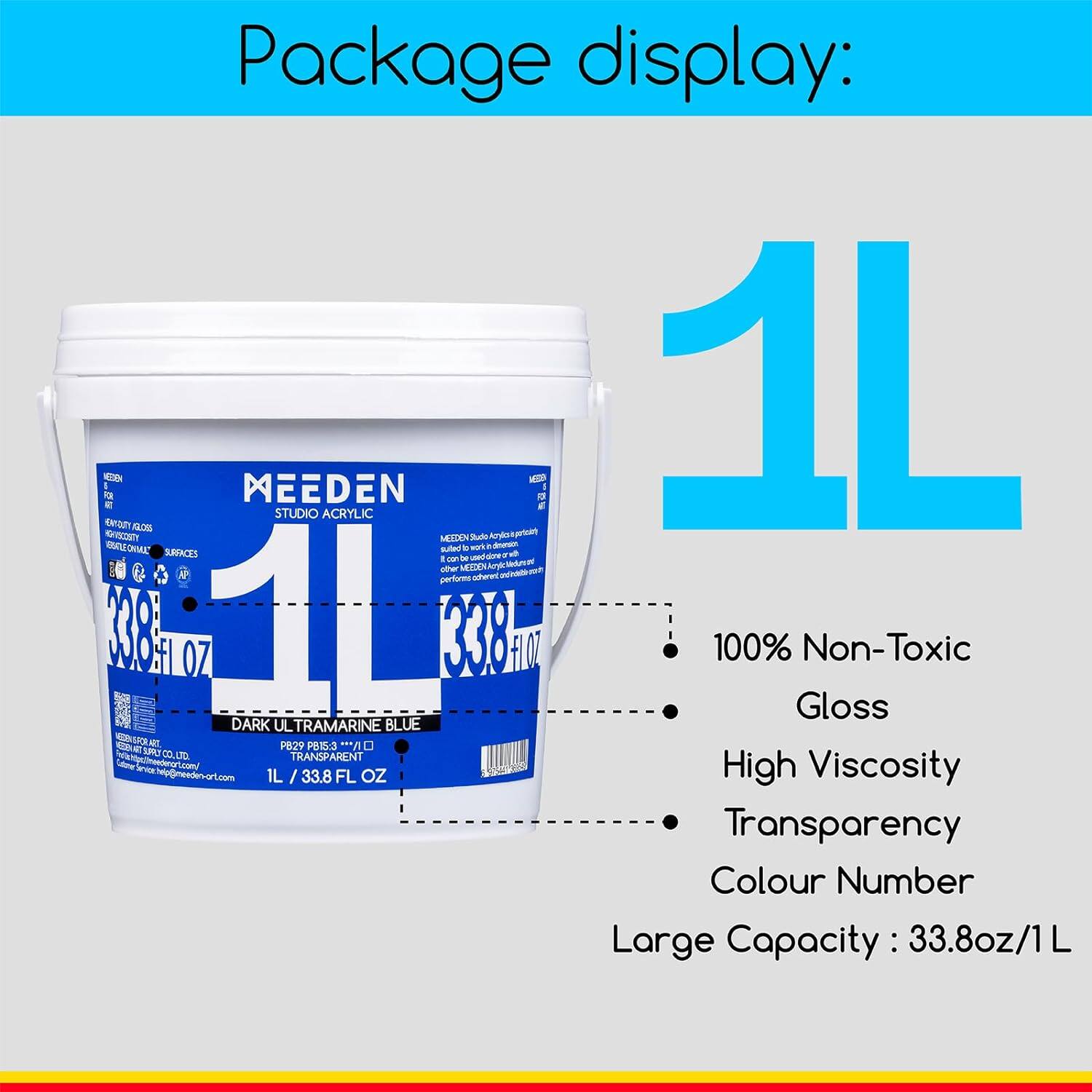 Package display:  
NEDEN EVITY R 19.086 MEEDEN STUDIO ACRYLIC 1L HYSCOSTY MEEDEN Studio Acrylic & priciety sulted of work SURFACES I con bun usedidome other MEEDEN performs 10% OZ 1L 1383 HOT 100% Gloss Non-Toxic DARK UL TRAMARINE BLUE ART. P829 PB15:3 *** SUPLY LTD. TRANSPARENT mco.ho-nebeam@girt spine's 1L 33.8 FL OZ High Viscosity Transparency Colour Number Large Capacity 33.8oz/1L