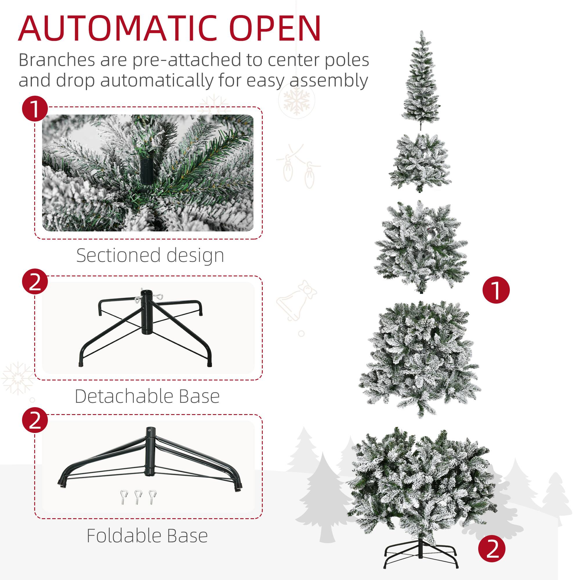 AUTOMATIC OPEN  
Branches are pre-attached to center poles and drop automatically for easy assembly.  

1. Sectioned design  
2. Detachable Base  
3. Foldable Base