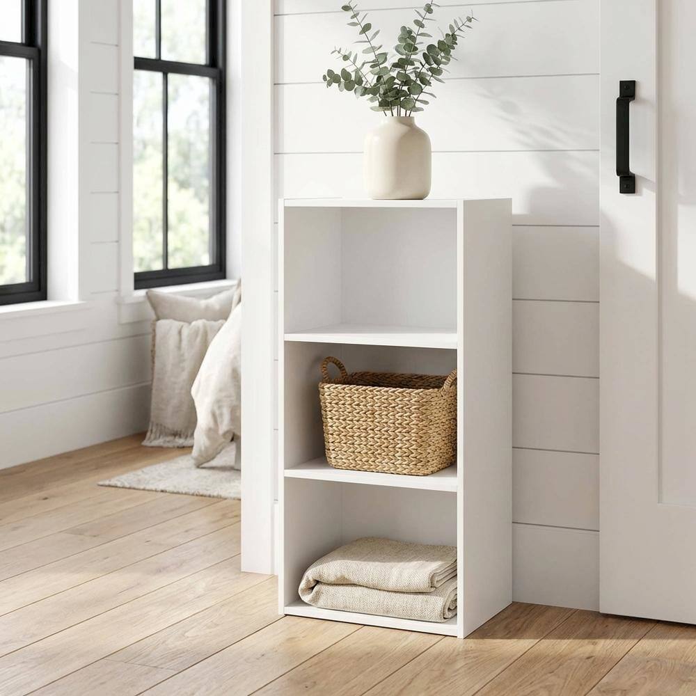 Angle. FurniFact - White 3-Tier Open Shelf Bookcase with Modern Wooden Design - White.