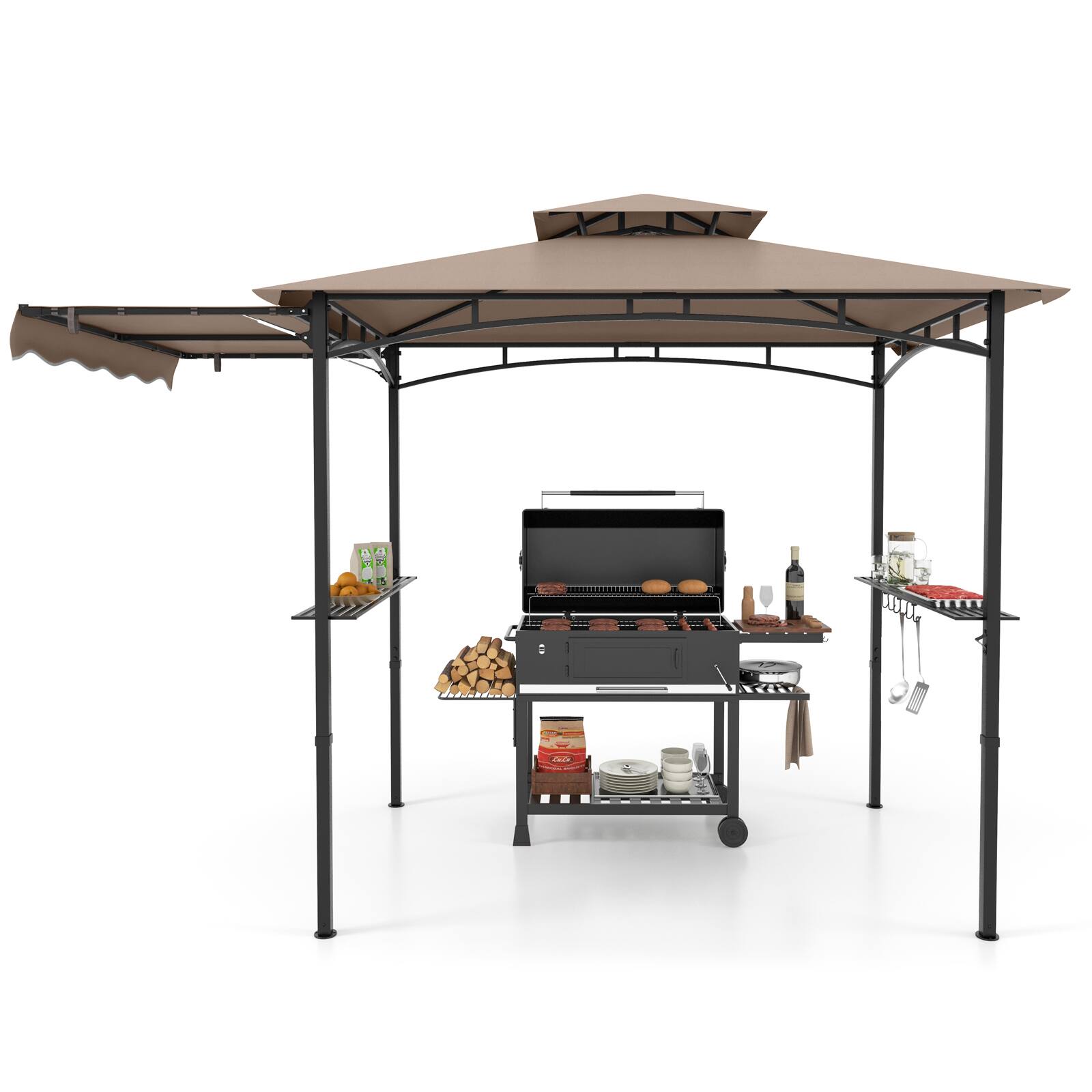 Alt View 9. Gymax - Gymax 11 x 5 FT Grill BBQ Gazebo w/ Side Awning Double-Tiered Top 2 Side Shelves Brown - Brown.