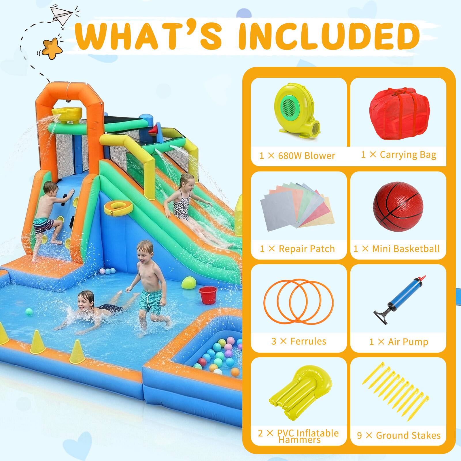 WHAT'S INCLUDED

1 X 680W Blower  
1 X Carrying Bag  
1 X Repair Patch  
1 X Mini Basketball  
3 X Ferrules  
1 X Air Pump  
2 X PVC Inflatable Hammers  
9 X Ground Stakes