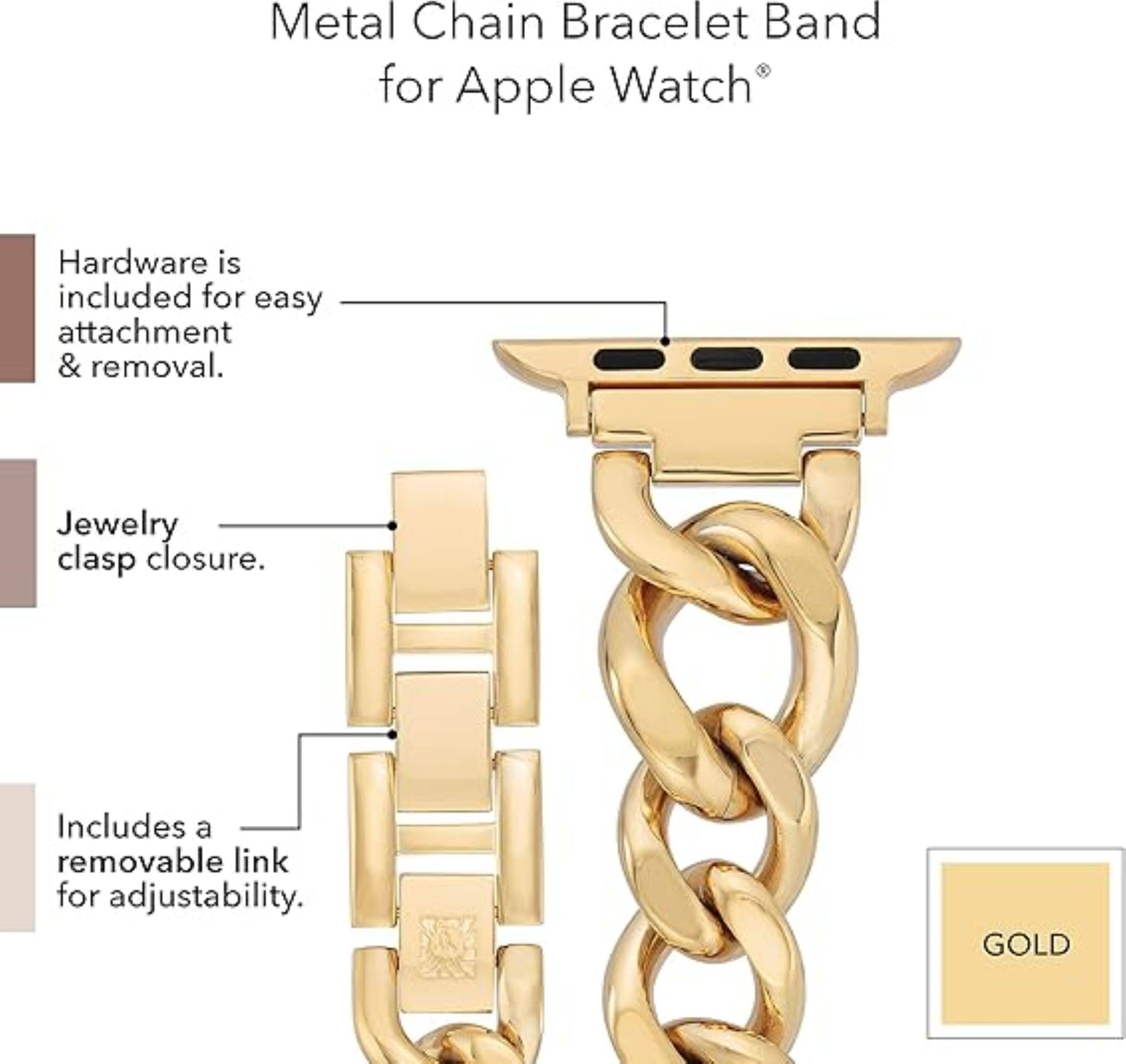 Metal Chain Bracelet Band for Apple Watch®

- Hardware is included for easy attachment & removal.
- Jewelry clasp closure.
- Includes a removable link for adjustability.

GOLD