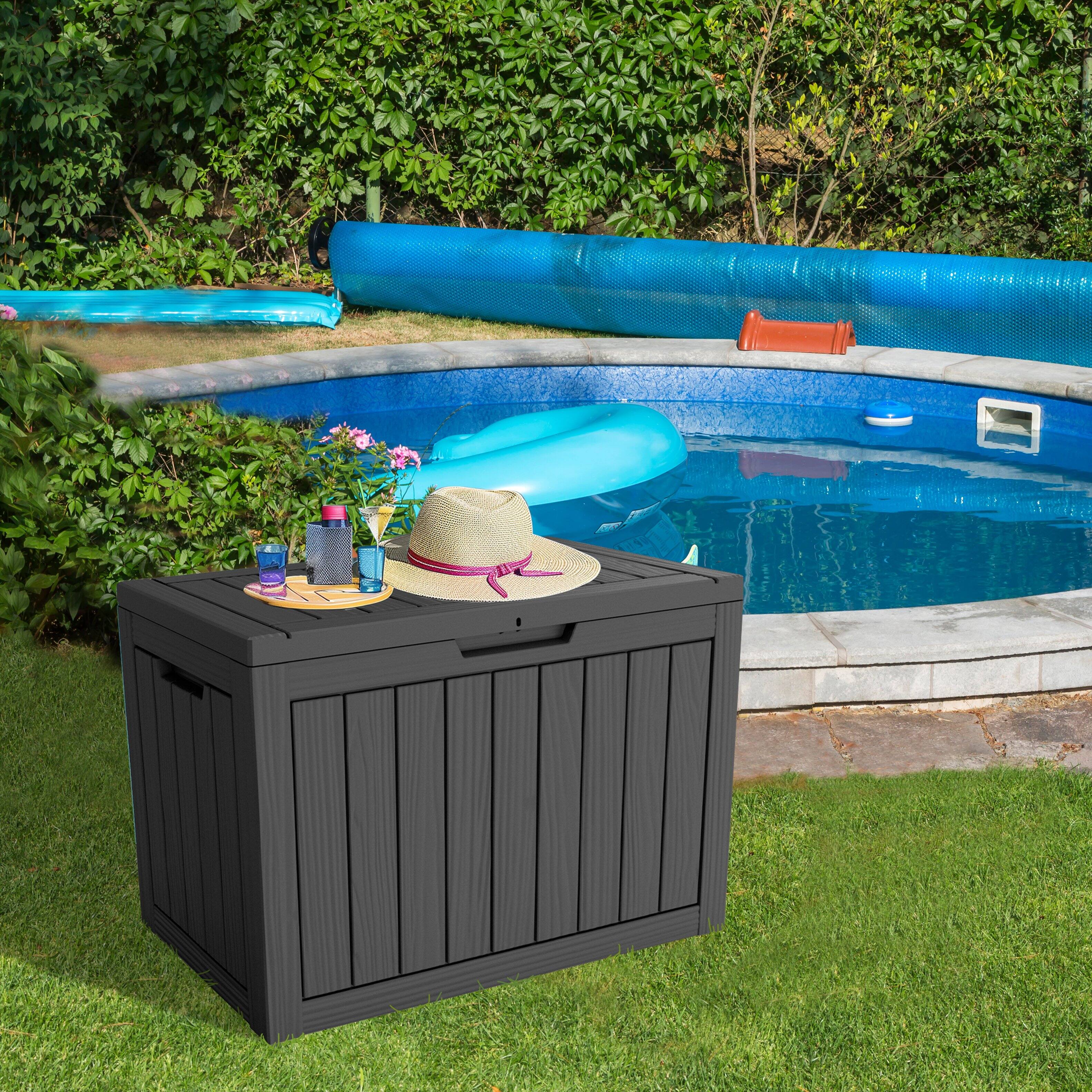 Angle. Yardgrace - Outdoor Storage Box, Heavy Duty Resin, Waterproof Double Wall, Garden Patio Organizer - 45 Gallon Black.