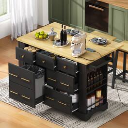 GOODSILO - Kitchen Island with 6 Drawers, Pull Out Trash Can, Rolling Wheels, Drop Leaf & Power Outlet - Black