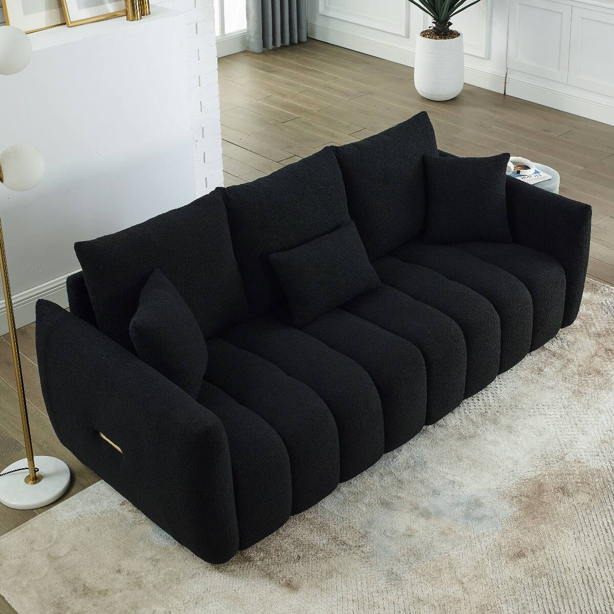 Left. Ropilly - Ropilly Black Upholstered Sofa, 3 Seater Teddy Fabric Sofa with Pillows and Solid Wood Frame - Black.