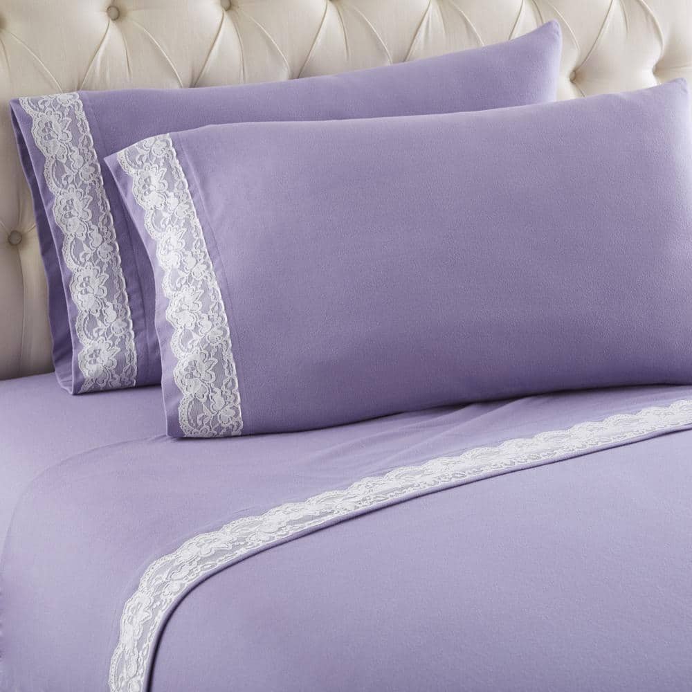 Shavel Home Products - Shavel Micro Flannel Lace-Edged Sheet Set - Cal King Flat/Fitted Sheet 108x110/84x72x18" 2-Pillowcase 21x40" - Amethyst