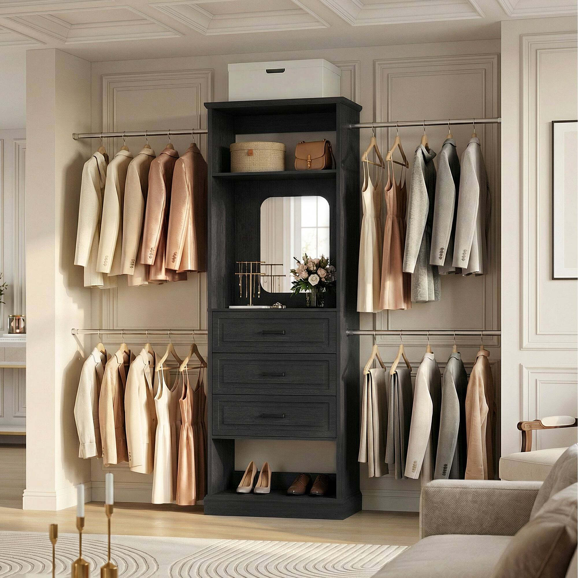 Alt View 3. Aheaplus - 26'' - 110'' W Adjustable Closet Organizer System with 3 Drawers, 4 Retractable Hanging Rods and Mirror - Black.
