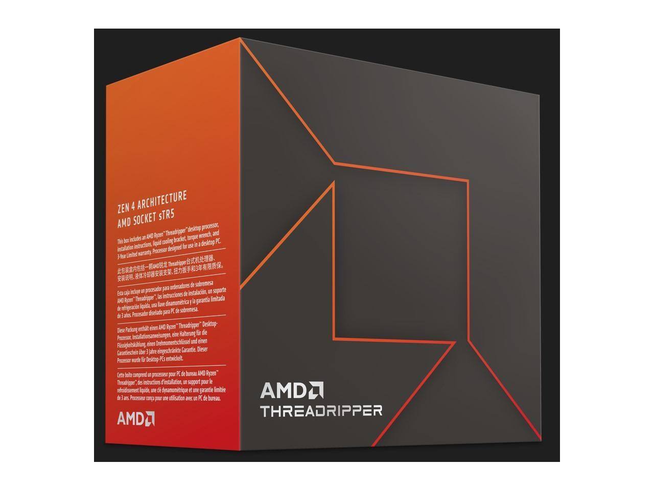 ZEN 4 ARCHITECTURE  
AMD SOCKET sTR5  

This box includes an AMD Ryzen™ Threadripper™ desktop processor, a torque wrench, and a liquid cooling bracket, a desktop installation instruction manual, Processor designed for desktops. 3-Year Limited Warranty  

Esta caja incluye un procesador AMD Ryzen™ Threadripper™ de escritorio, una llave de torsión y una base de refrigeración líquida, junto con las instrucciones de instalación, un soporte para el procesador diseñado para escritorios. Garantía limitada de 3 años.  

Dieses Paket enthält einen AMD Ryzen™ Threadripper™ Desktop-Prozessor, eine Halterung für die Installation, eine Drehmomentschlüssel und eine Installationsanweisung. Der Prozessor ist für den Einsatz in Desktop-PCs entwickelt.  

Esta caja incluye un procesador para PC de bureau AMD Ryzen™ Threadripper™, un soporte para la instalación, una llave de torsión y las instrucciones de instalación, un soporte para el procesador diseñado para escritorios. Garantía limitada de 3 años.  

AMD THREADRIPPER