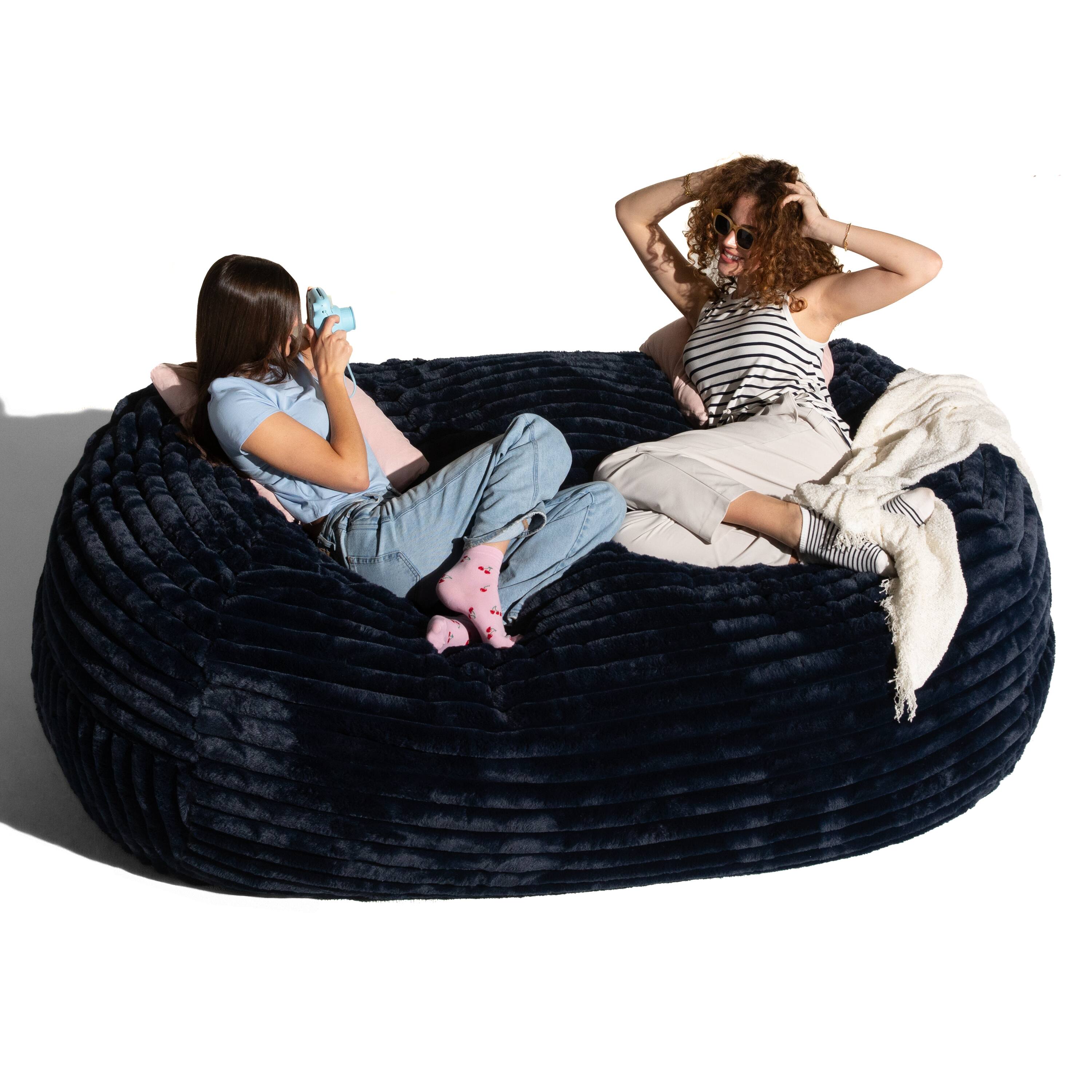 Left. Jaxx - Jaxx Grand Lounger 7 Foot Bean Bag Sofa - Midnight Blue Mondo Fur - Faux Fur Midnight Blue.