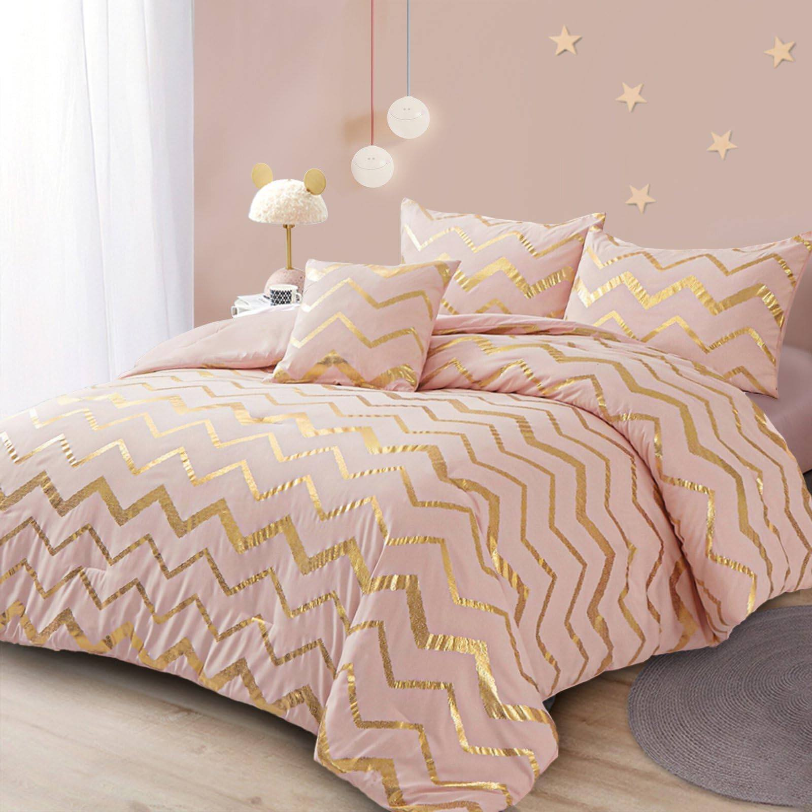 Front. PO3TICJUNKI3 - Comforter Set Queen Metallic Print Glitter Bed Cute Shinny Bedding For Teen Women 4 Piece 2 Pillowcases 1 - Pink-King.