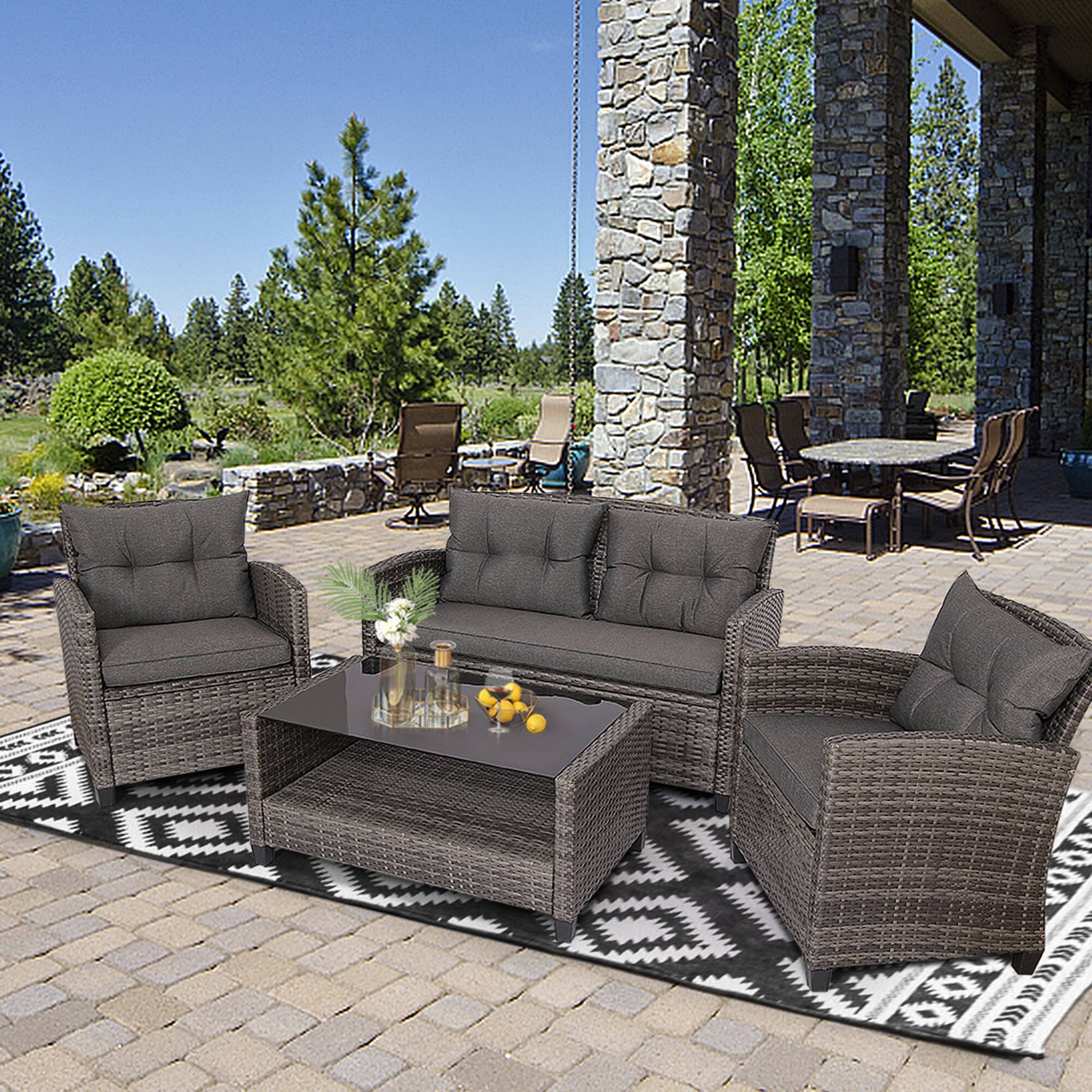 Alt View 3. Gymax - Gymax 4PC Rattan Patio Conversation Set Cushioned Outdoor Furniture Set - Gray.