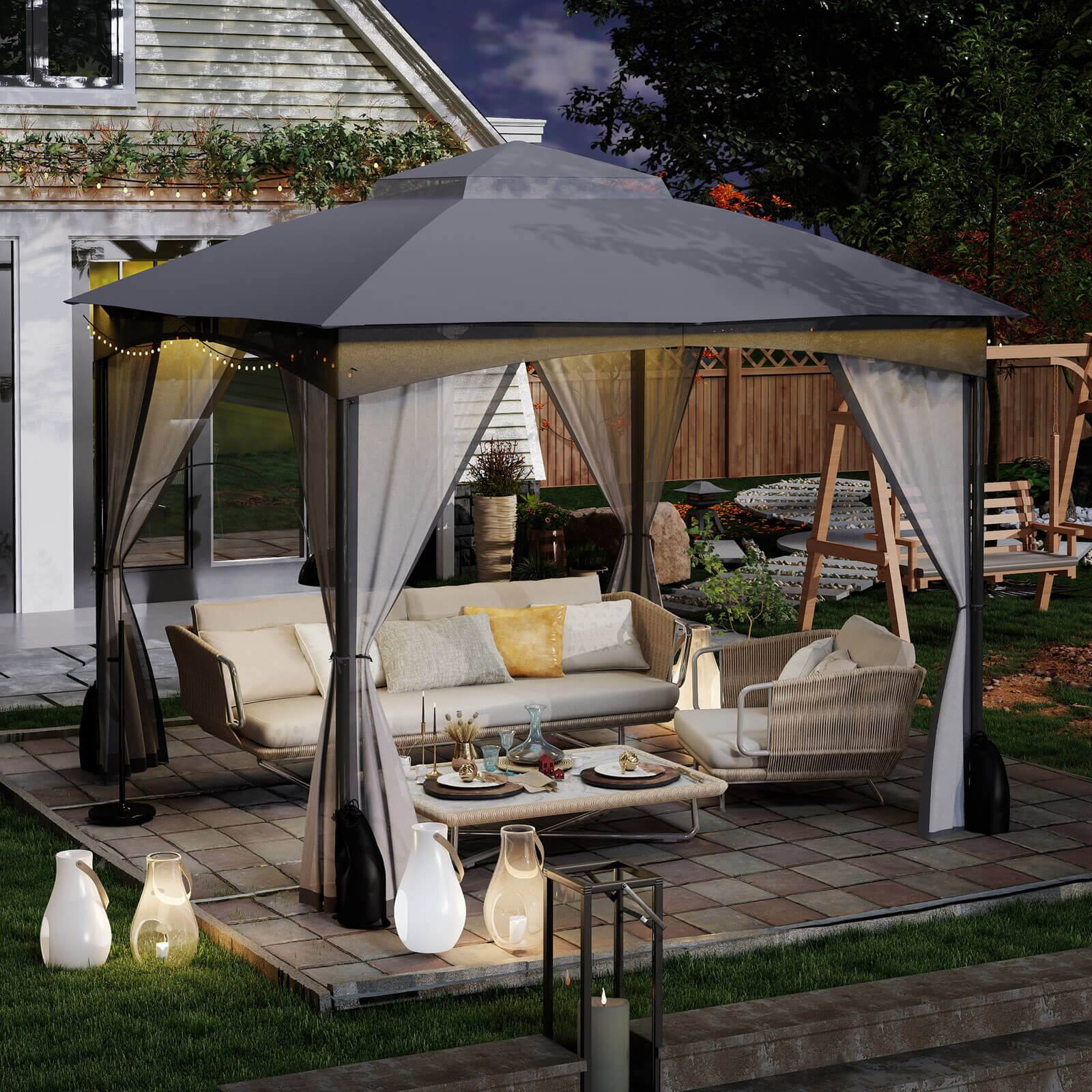 Alt View 4. Costway - Costway 10 X 10 FT Patio Gazebo with Netting Walls 4 Sandbags Zippered Doors Outdoor - Gray.
