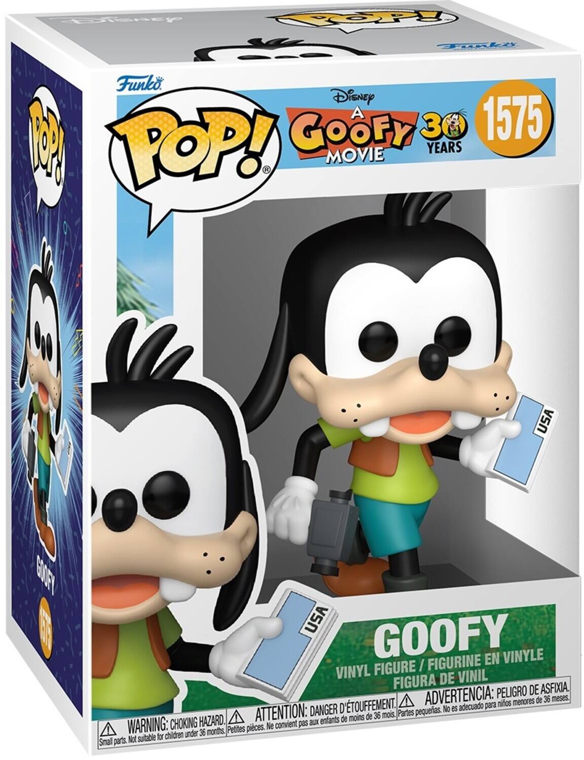 The text on the image is:

"Disney A 1575 8 GOOFY 30 POP! YEARS MOVIE K USA S00Y USA GOOFY EN VINYLE FIGURE / FIGURINE VINYL DE VINIL FIGURA DE ASFIXIA. ADVERTENCIA: PELIGRO meses. nios menores de 36 ATTENTION: DANGER D'TOUFFEMENT. Partes pequeras. No es adecuado para moins de 36 mois. HAZARD. auXx enfants de WARNING: CHOKING Petites pieces. Ne convient pas for children under 36 months, Snal parts. Not suitable."

Corrected and grouped text:

"Disney A 1575 Goofy 30 POP! Years Movie K USA S00Y USA Goofy Vinyl Figure / Figurine Vinyl de Vinil Figura de Asfixia. Advertencia: PELIGRO, partes pequeñas. No es adecuado para niños menores de 36 meses. Attention: DANGER, petites pièces. Ne convient pas aux enfants de moins de 36 mois. Warning: CHOKING HAZARD, small parts. Not suitable for children under 36 months."