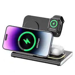 Topteng - 3-in-1 Foldable Charging Station - Wireless Charger for iPhone, iWatch, AirPods with Night Light - Black